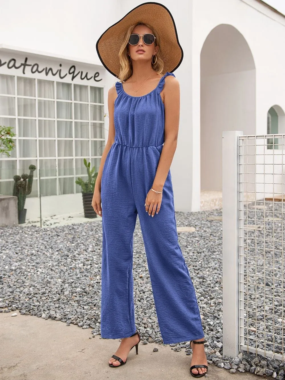 Solid Color Ruffle Strap Jumpsuit