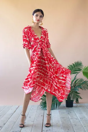 Sophia Asymmetric Hem Midi Dress - Red Script Fashionable Layering Subtle Texture Natural Drape Sophia Asymmetric Hem Midi Dress - Red Script