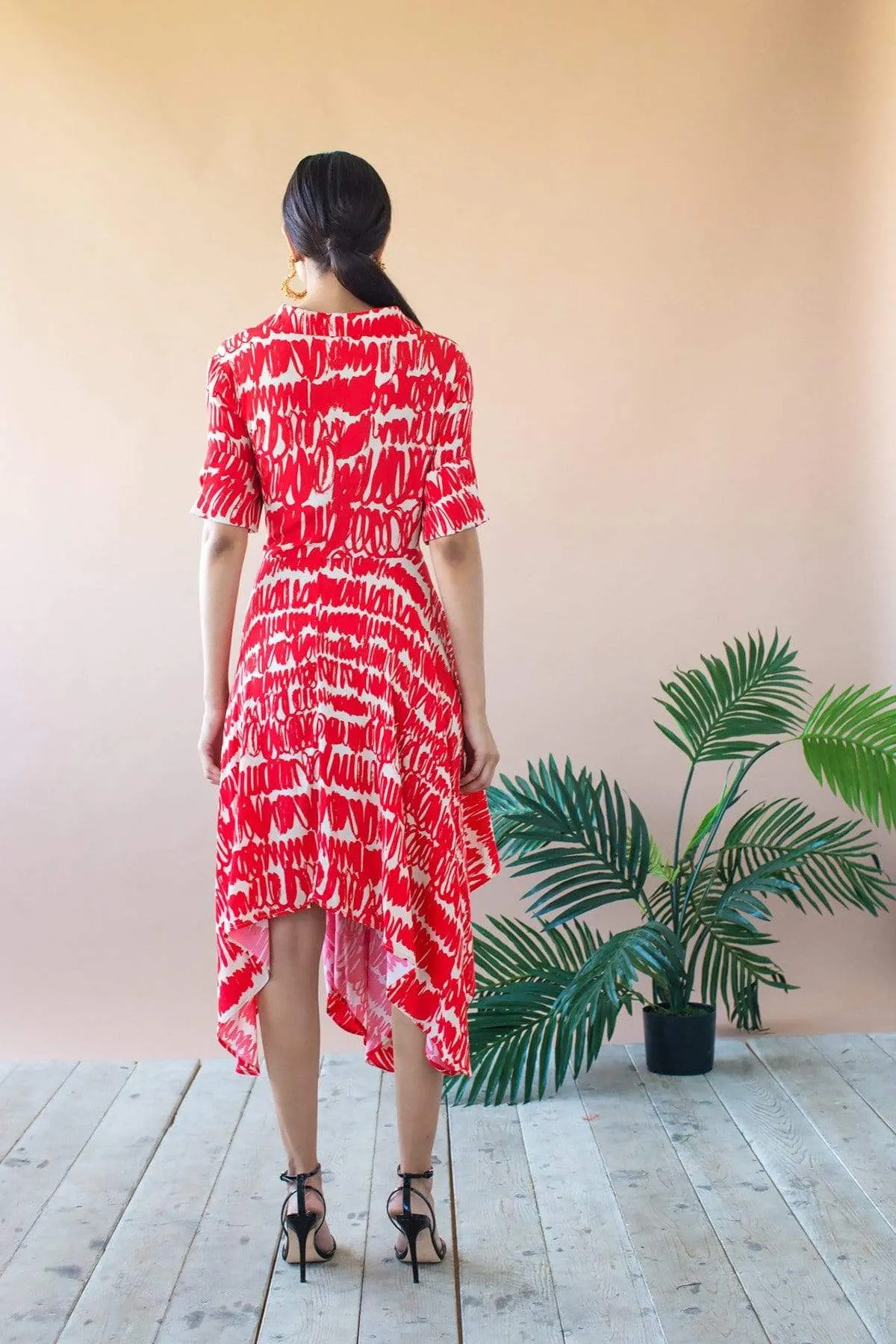 Sophia Asymmetric Hem Midi Dress - Red Script Smooth Edge