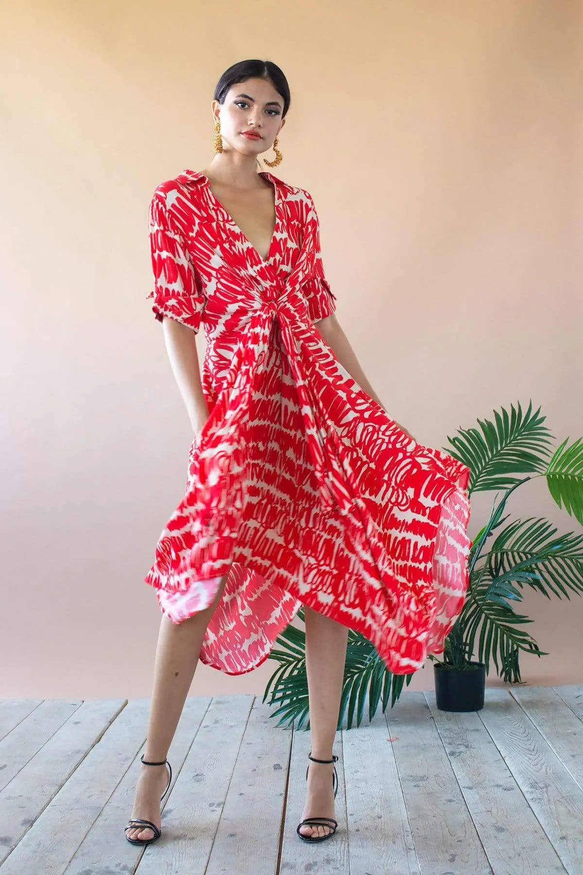 Sophia Asymmetric Hem Midi Dress - Red Script Elegant knee-length dress Relaxed work dress