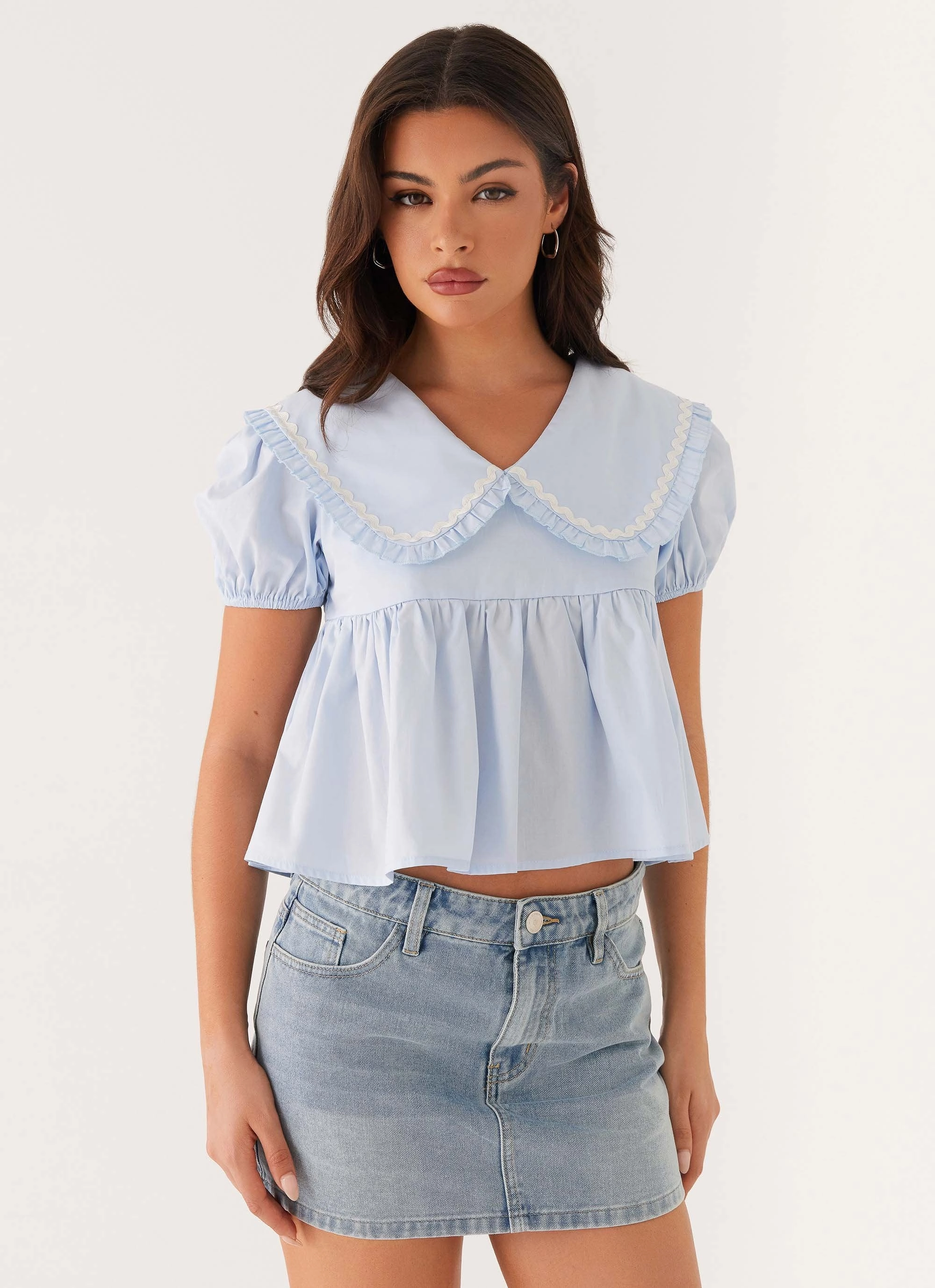 Stretchable Neckline Sophie Babydoll Top - Blue