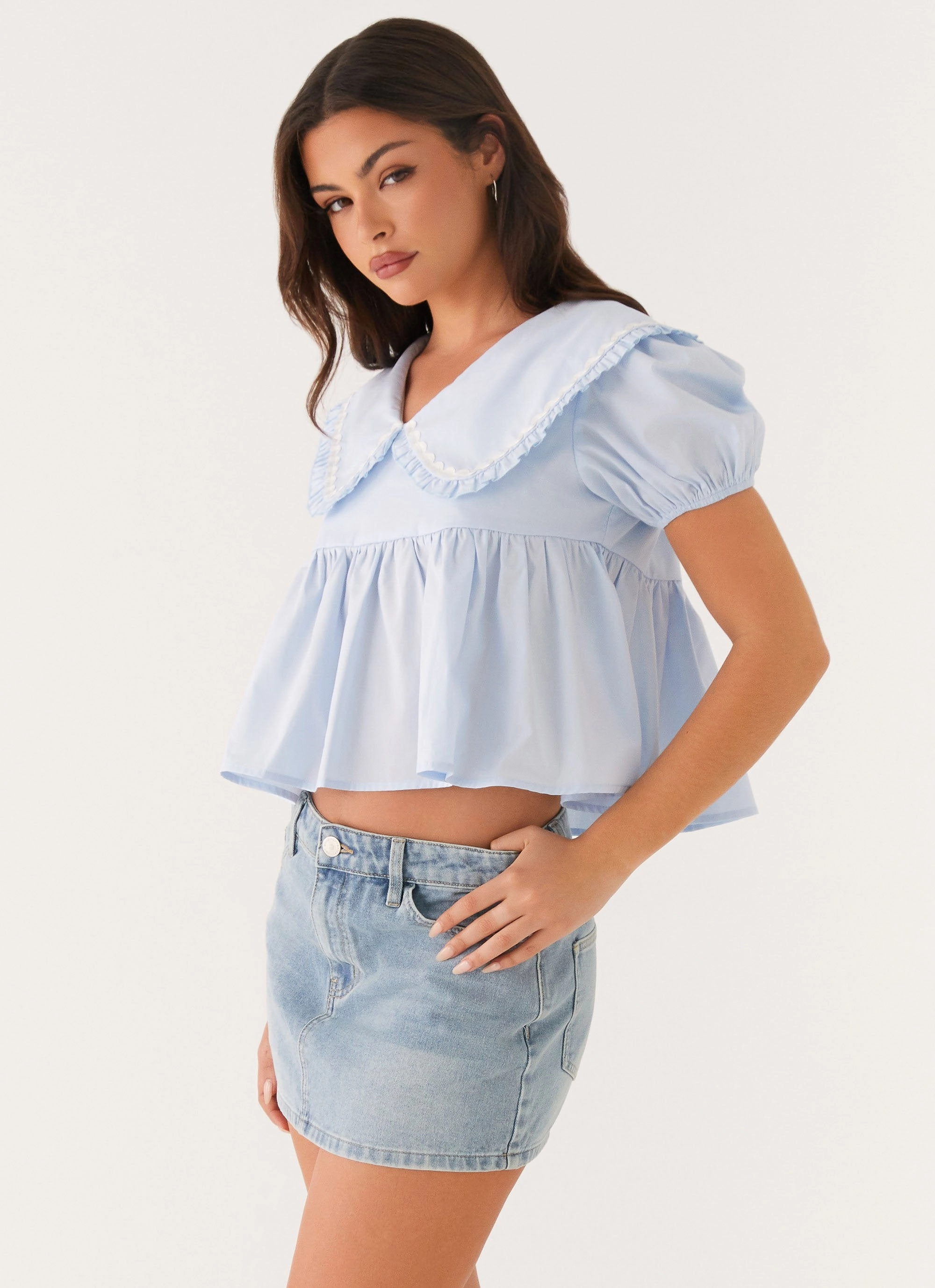 Sophie Babydoll Top - Blue Loose Blouse Tear Resistant Weave