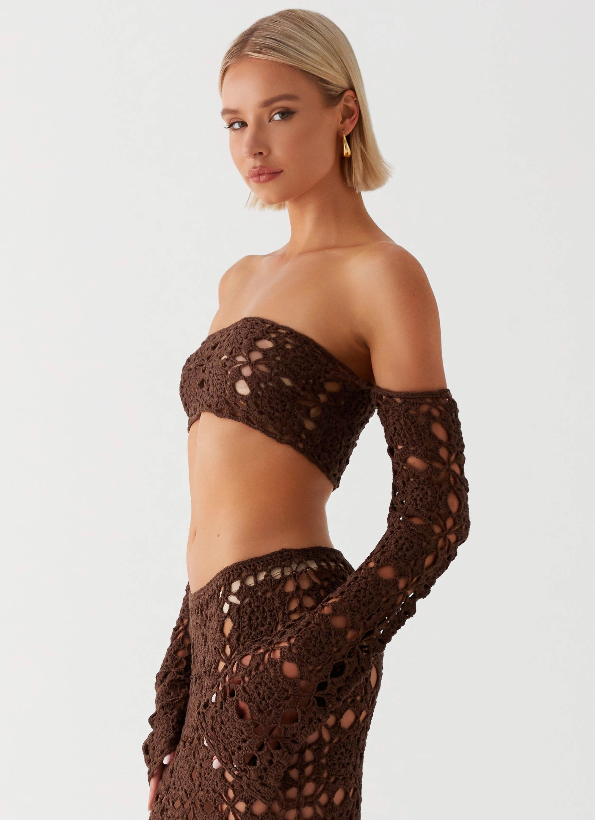 Basic Wardrobe FlatlockSeams Sorrentino Crochet Long Sleeve Top - Chocolate