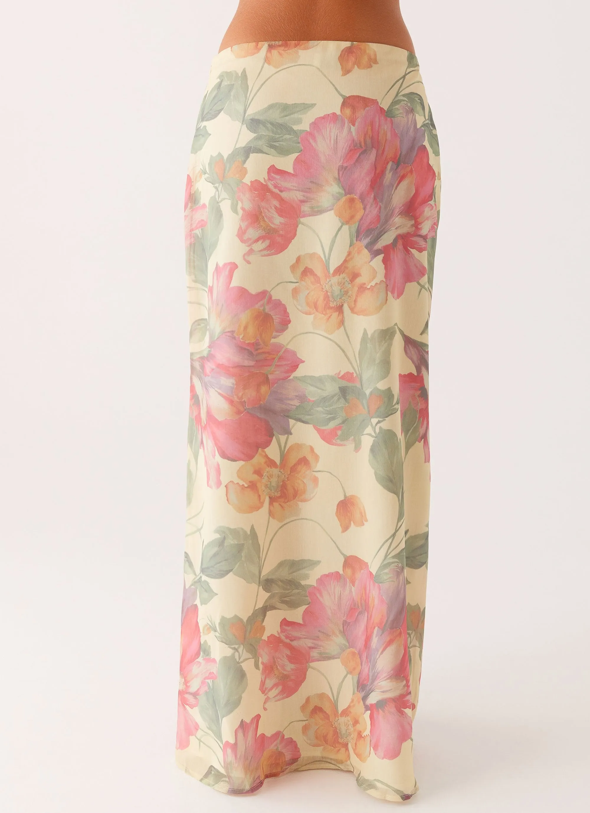 Soulful Low Rise Maxi Skirt - Yellow Peony Mesh Lined Stretch Panel
