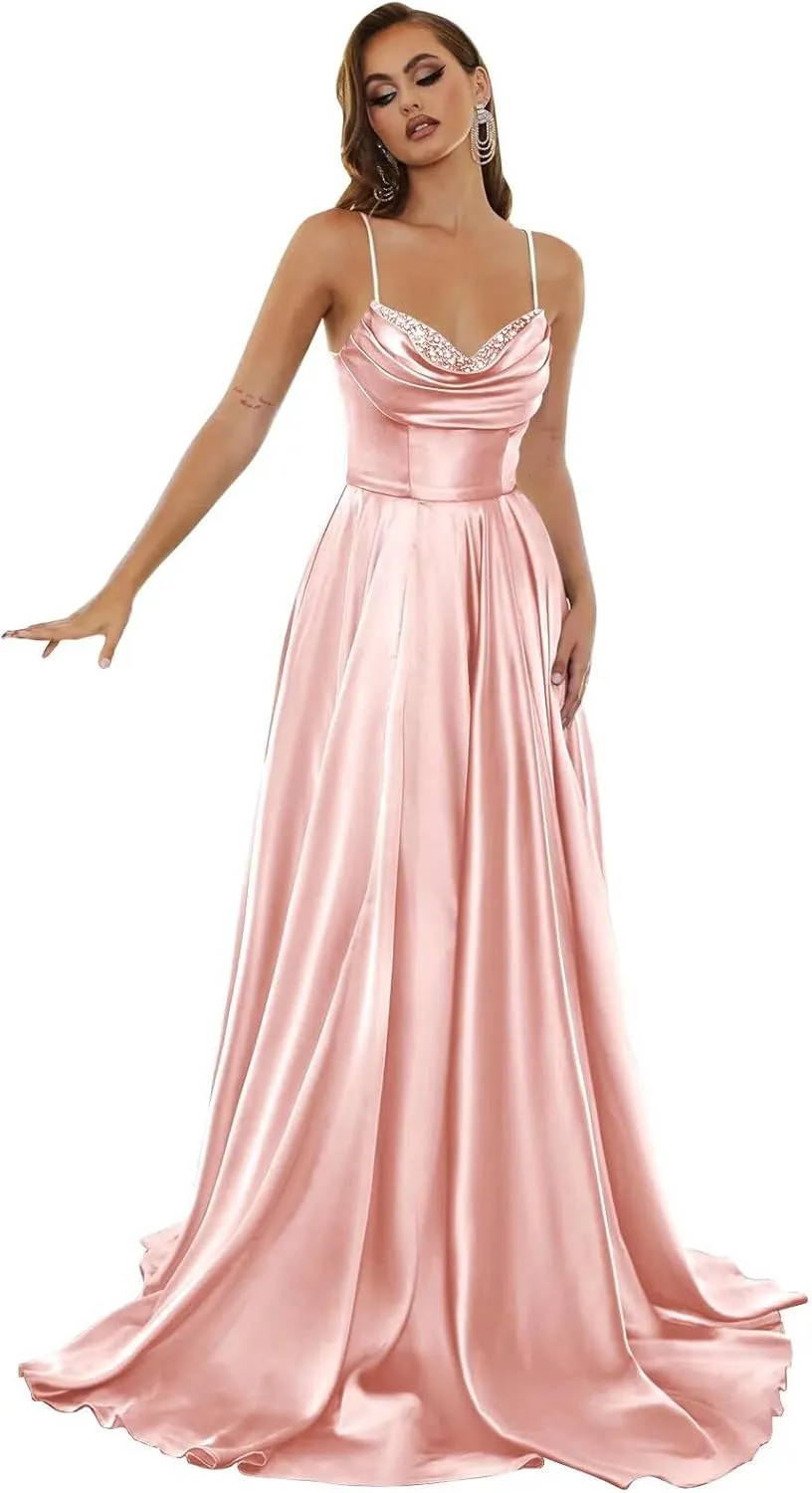 Spaghetti Strap Satin Prom Dresses 2024 Long A Line Cowl Neck Beaded Evening Party Dresses