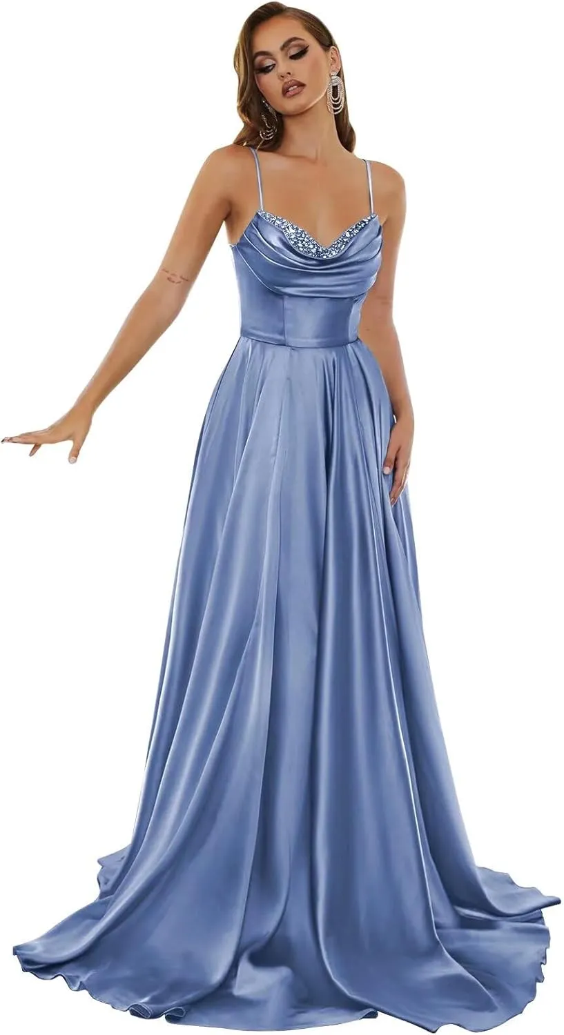 Spaghetti Strap Satin Prom Dresses 2024 Long A Line Cowl Neck Beaded Evening Party Dresses