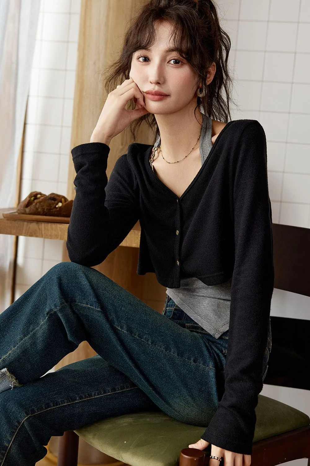 Spaghetti Strap Top and Knit Shirt Set
