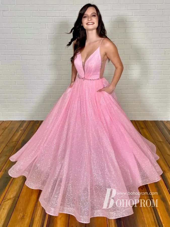 Sparkly Lace Spaghetti Straps Backless A-line Prom Dresses With Beadings PD759