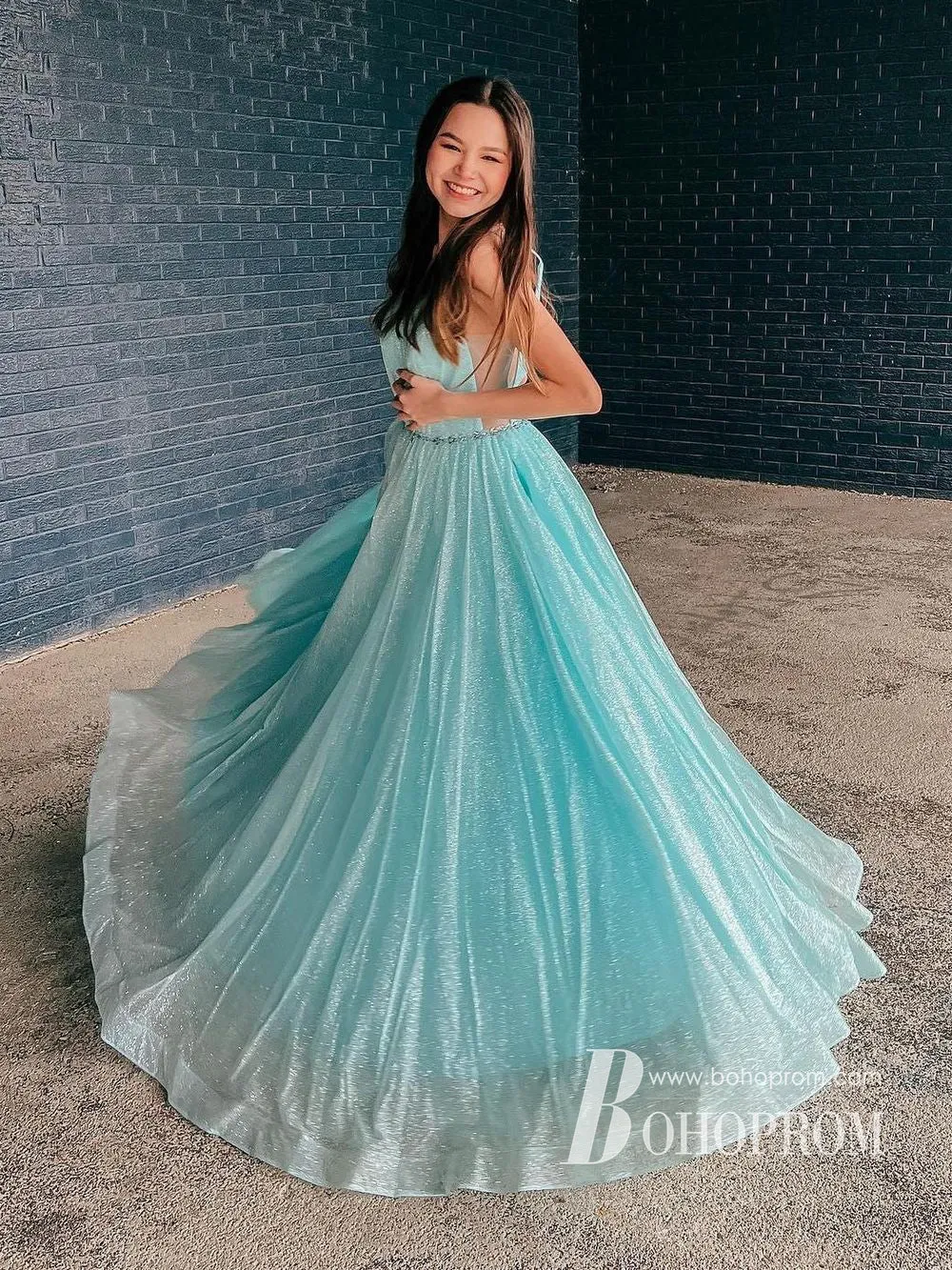 Sparkly Lace Spaghetti Straps Backless A-line Prom Dresses With Beadings PD759