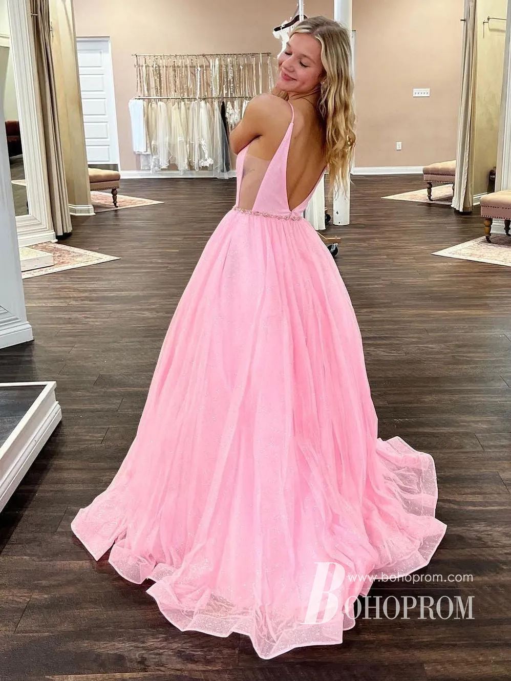 Sparkly Lace Spaghetti Straps Backless A-line Prom Dresses With Beadings PD759