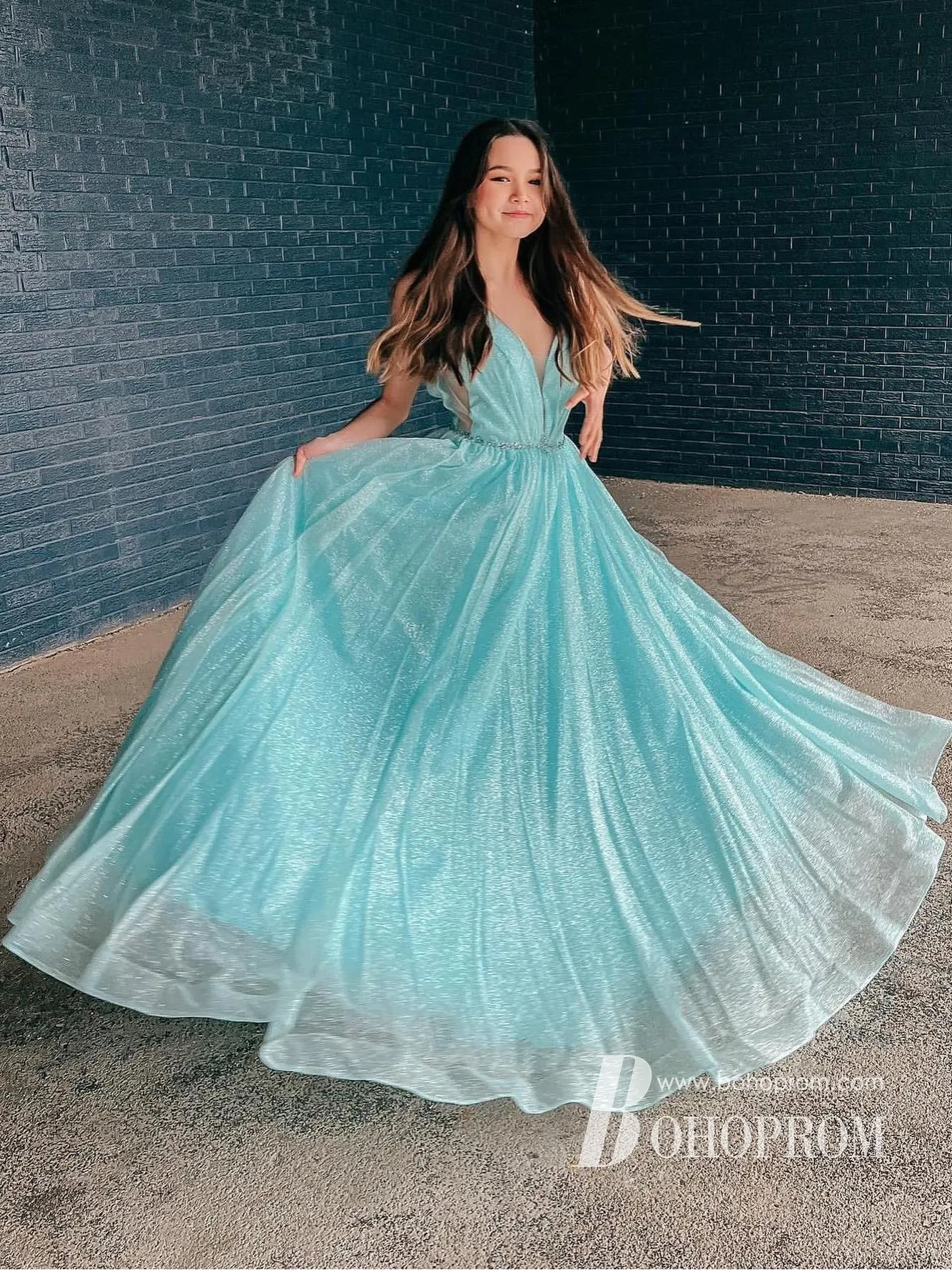 Sparkly Lace Spaghetti Straps Backless A-line Prom Dresses With Beadings PD759