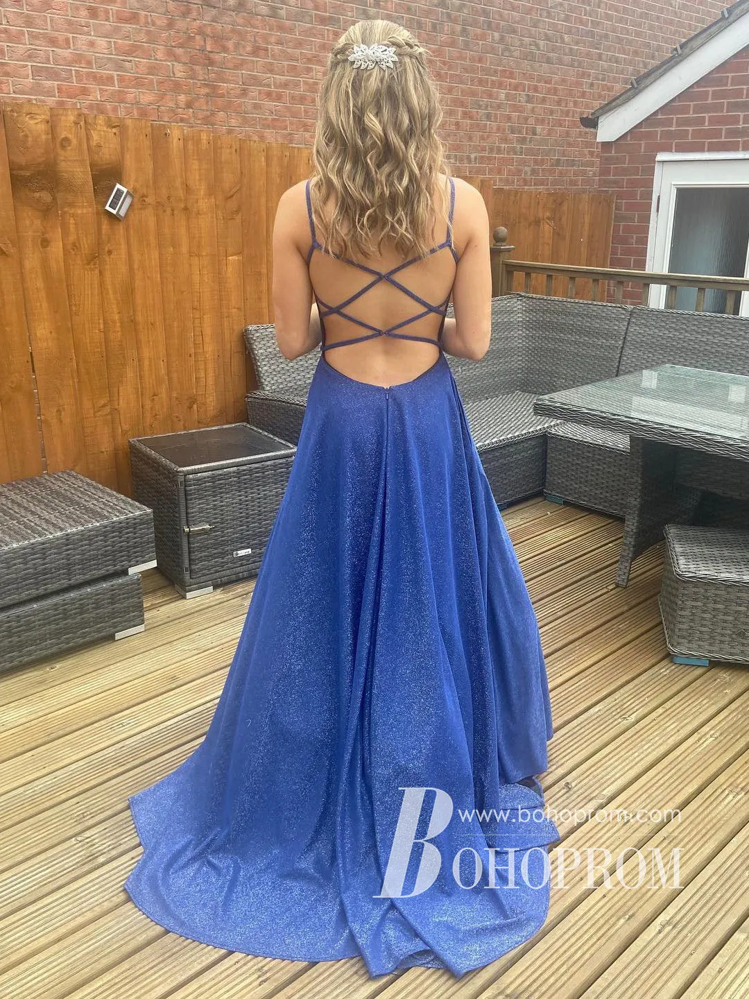Sparkly V-neckline Sweep Train A-line Prom Dresses Long Evening Gowns PD819