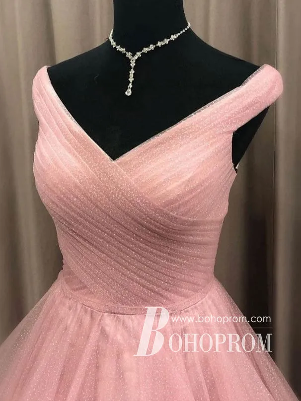 Sparkly V-neckline Tiered Tulle Prom Dresses A-line Long Evening Gowns PD831