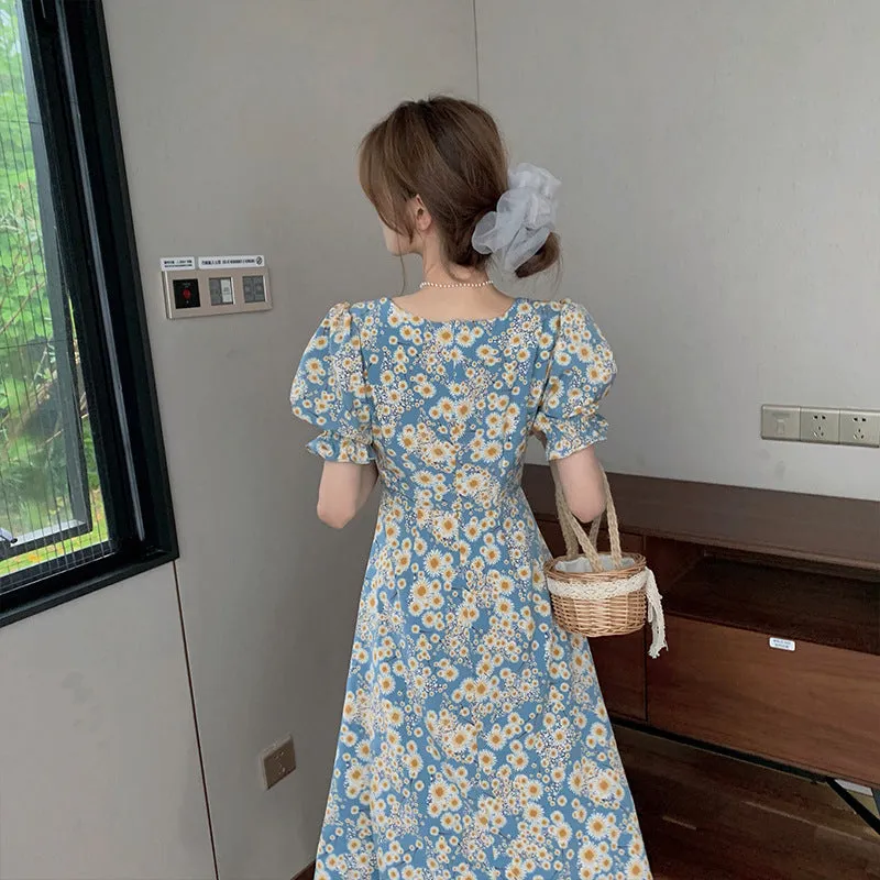 Splitted See Through  French Vintage Orange Flare Sleeves Floral Dress Drss
