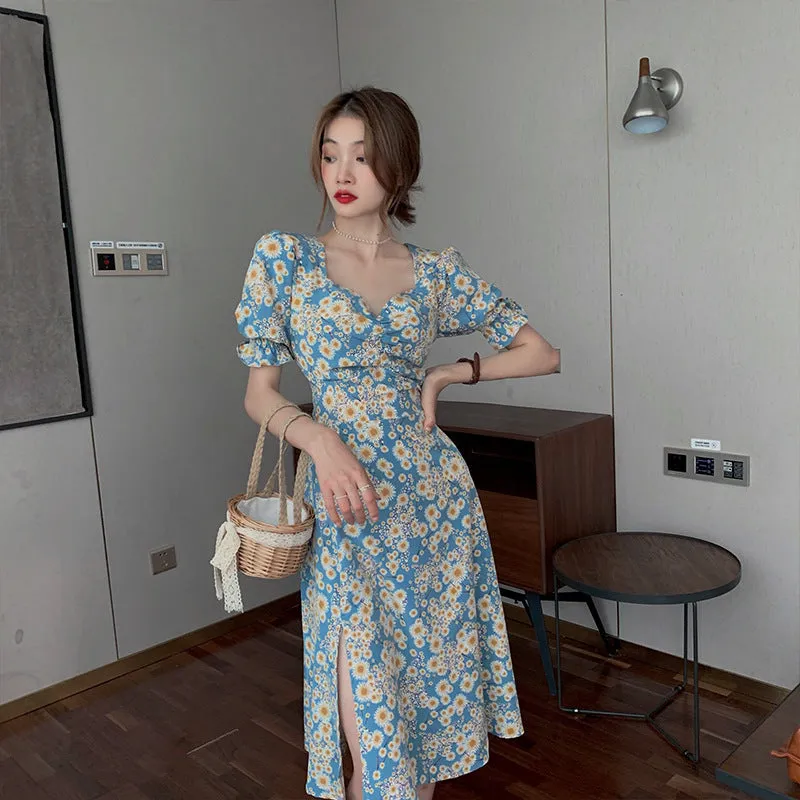 Splitted See Through  French Vintage Orange Flare Sleeves Floral Dress Drss