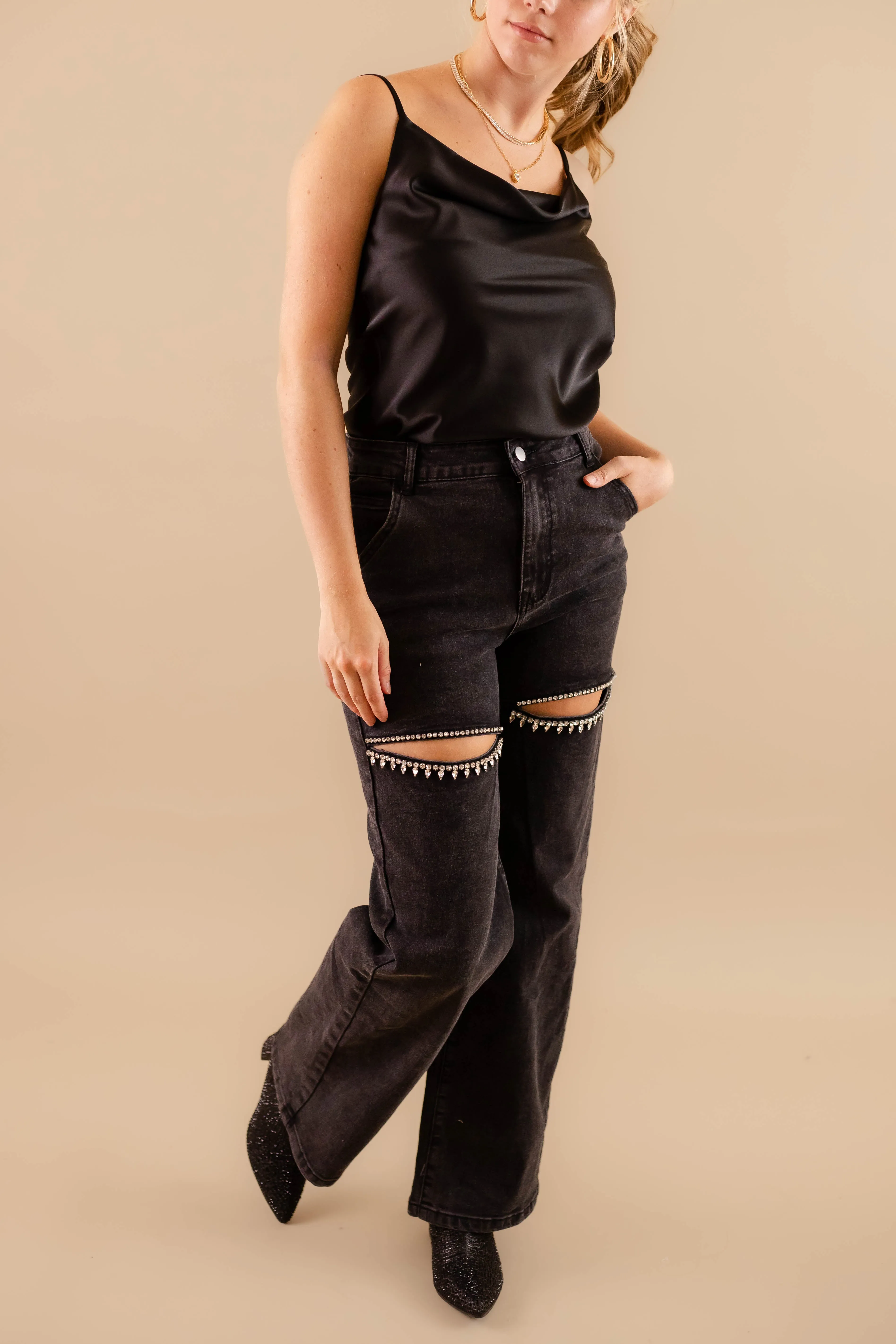 Double Stitched Seams RESTOCK: Big Personality Rhinestone Denim-Black