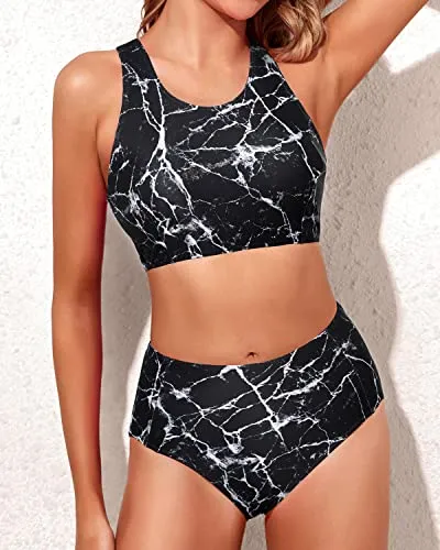 Sporty High Waisted Two Piece Bikini Swimsuits-Black Marble