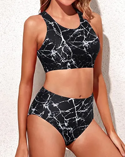 Sporty High Waisted Two Piece Bikini Swimsuits-Black Marble