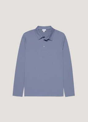 Sporty Top Men's Long Sleeve Classic Jersey Polo Shirt in Selvedge Blue Versatile Wardrobe Stylish Choice Men's Long Sleeve Classic Jersey Polo Shirt in Selvedge Blue
