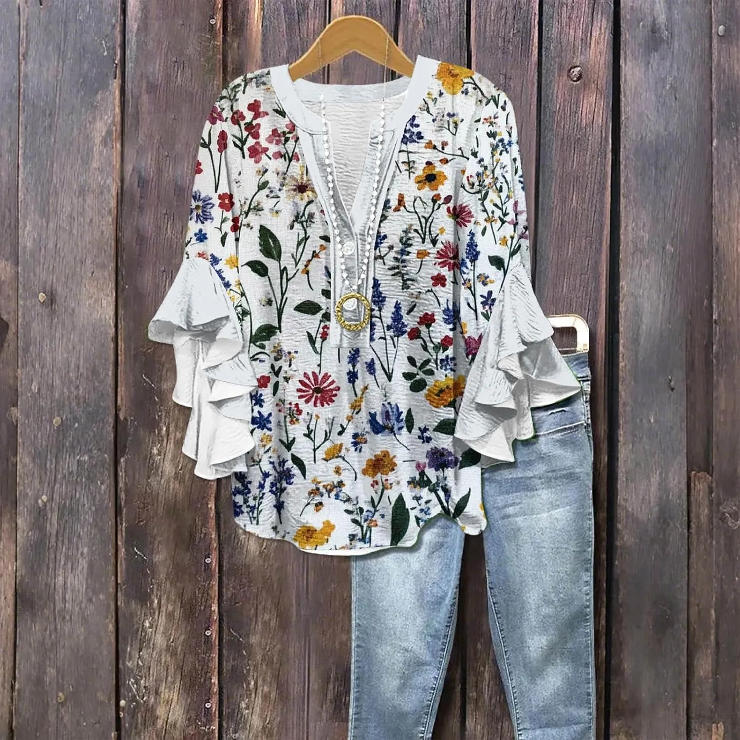 Spring Shirts For Women 2025, 3/4 Sleeve V Neck Blouses Ruffle Elegant Half Button Down Graphic Workout Tops
