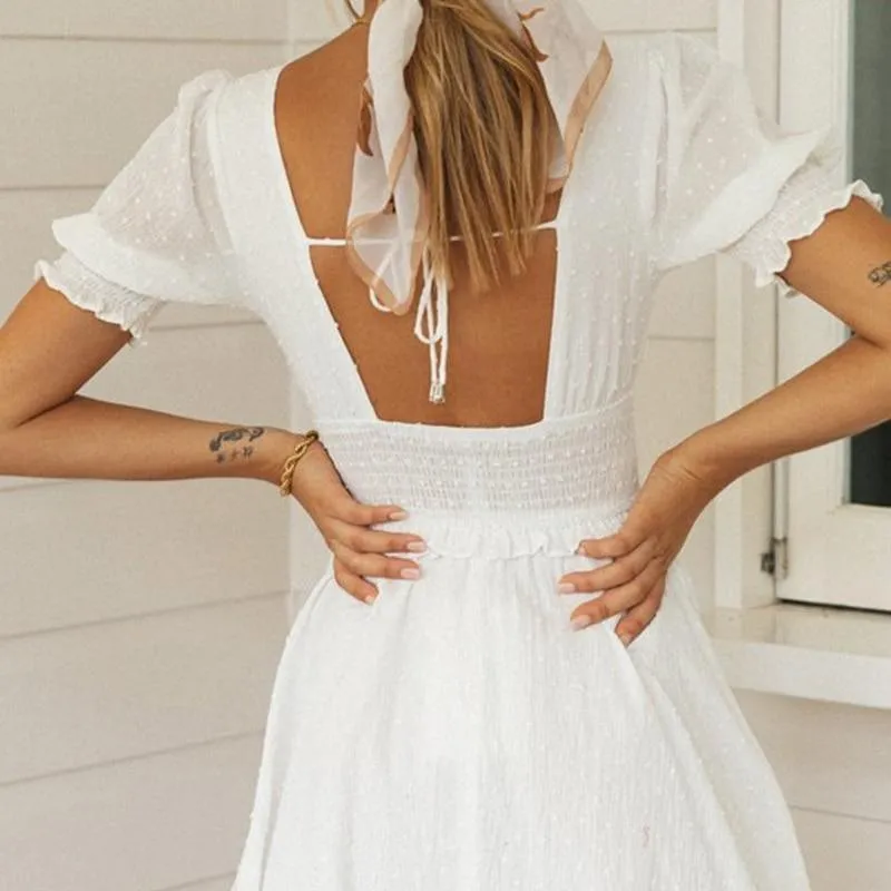 Square Collar A-Line Backless Ruffles Mini Dress