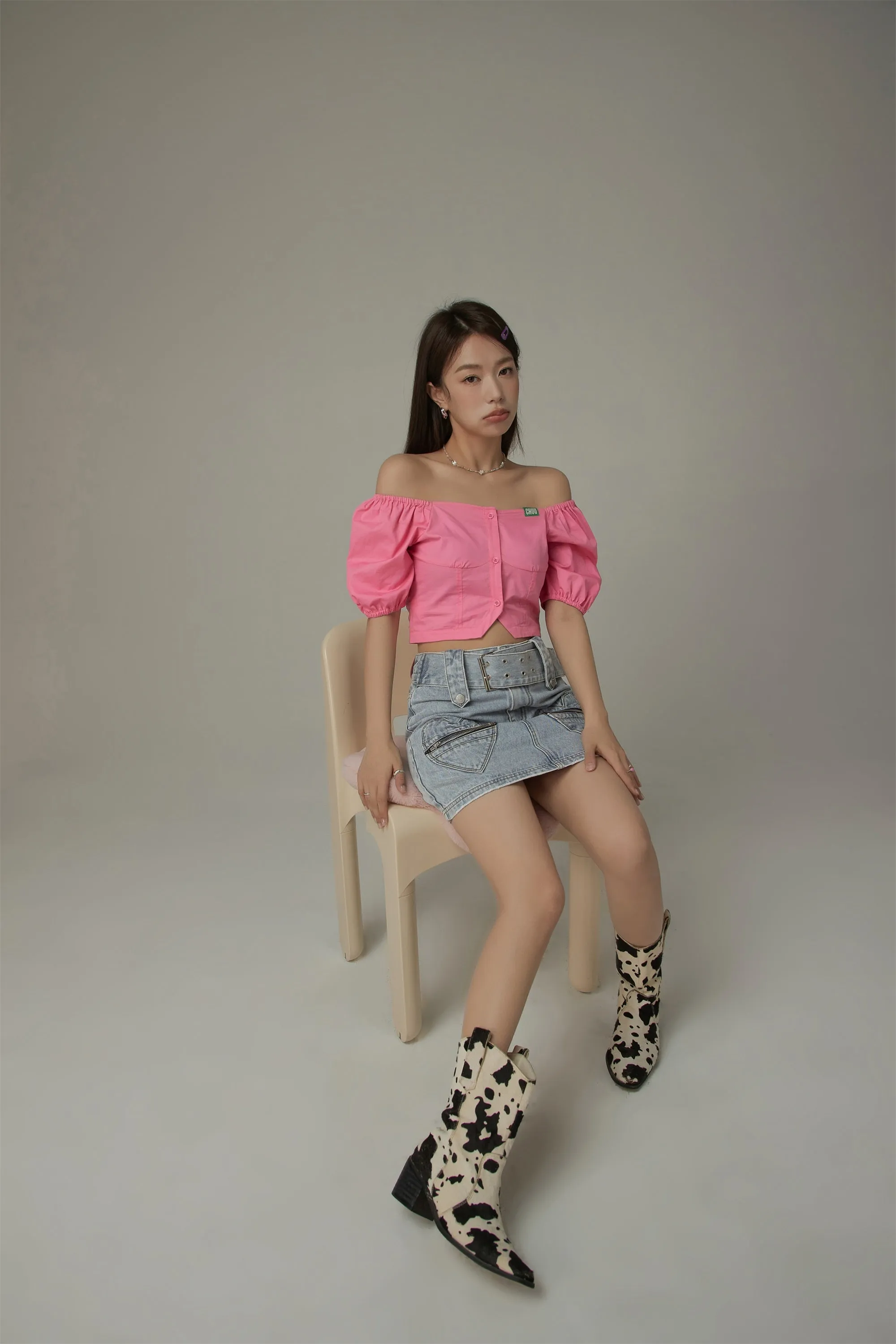 Square Neck Puff Sleeve Button Blouse