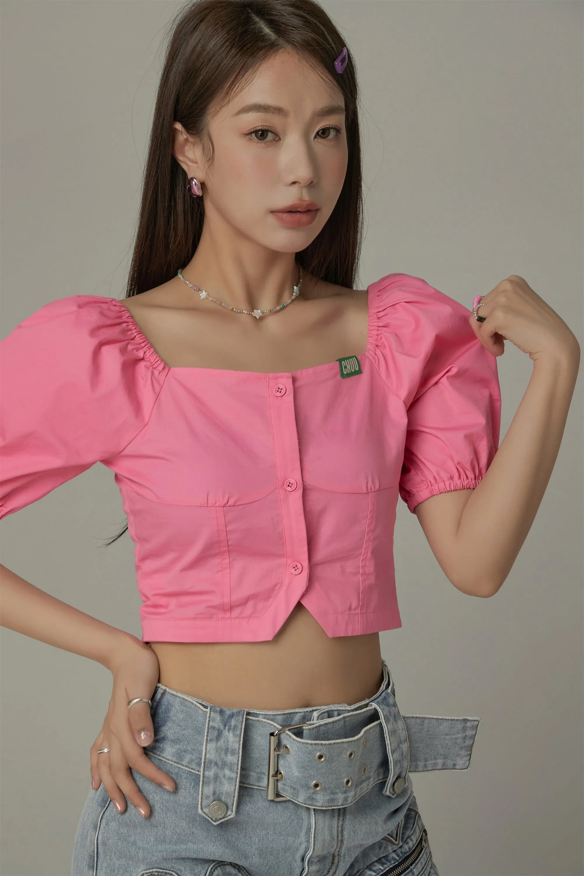 Square Neck Puff Sleeve Button Blouse