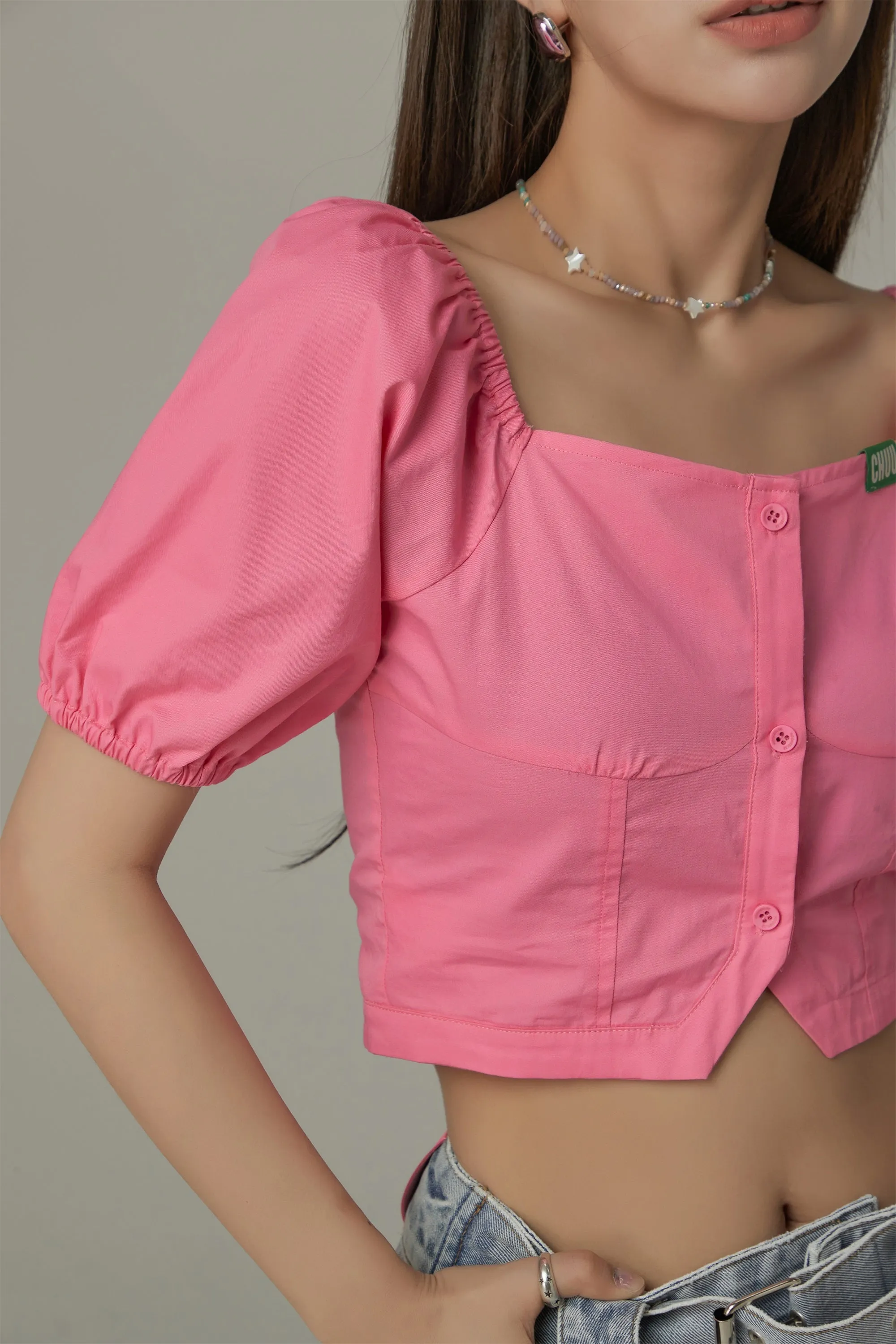 Square Neck Puff Sleeve Button Blouse