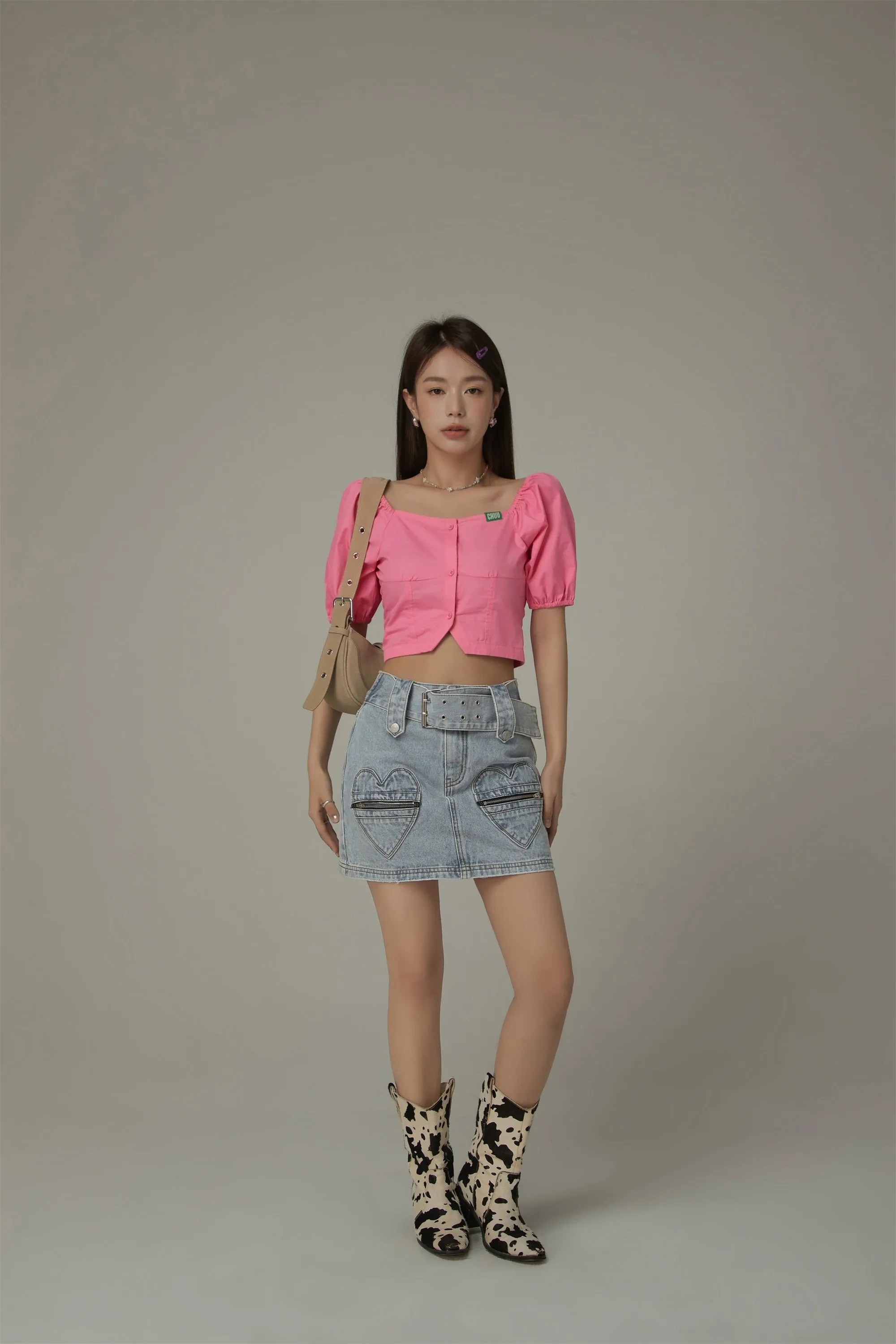 Square Neck Puff Sleeve Button Blouse