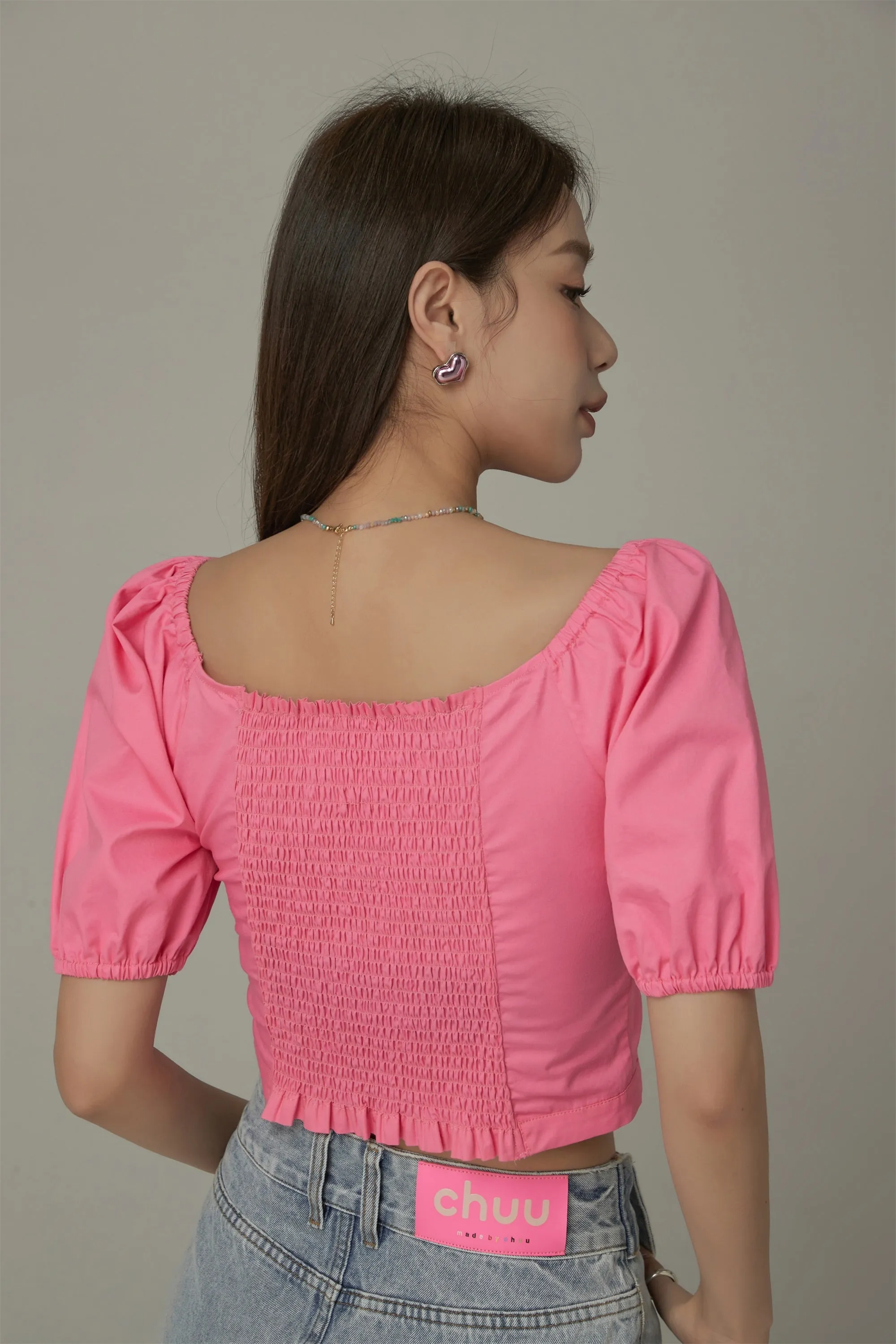 Square Neck Puff Sleeve Button Blouse