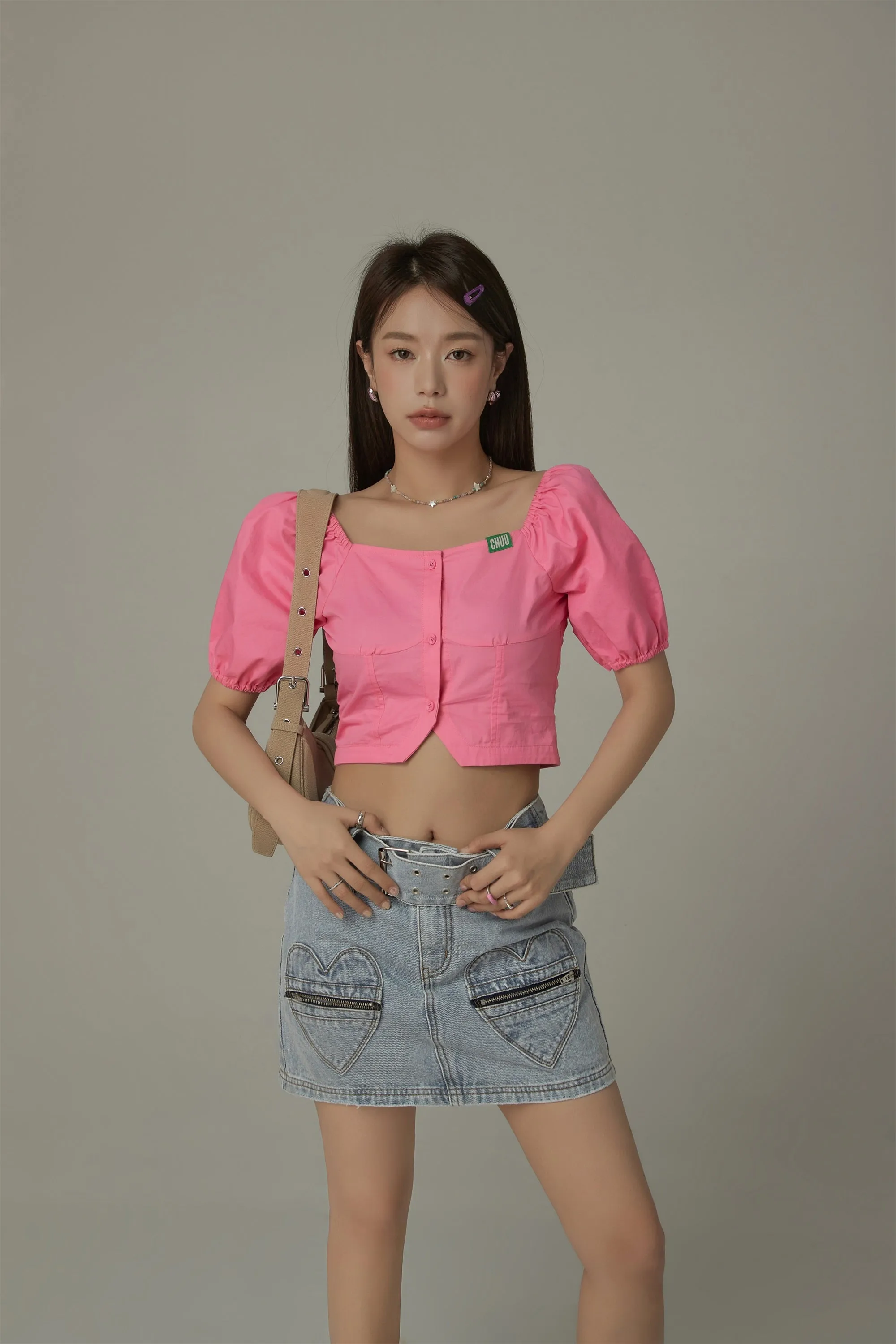 Square Neck Puff Sleeve Button Blouse