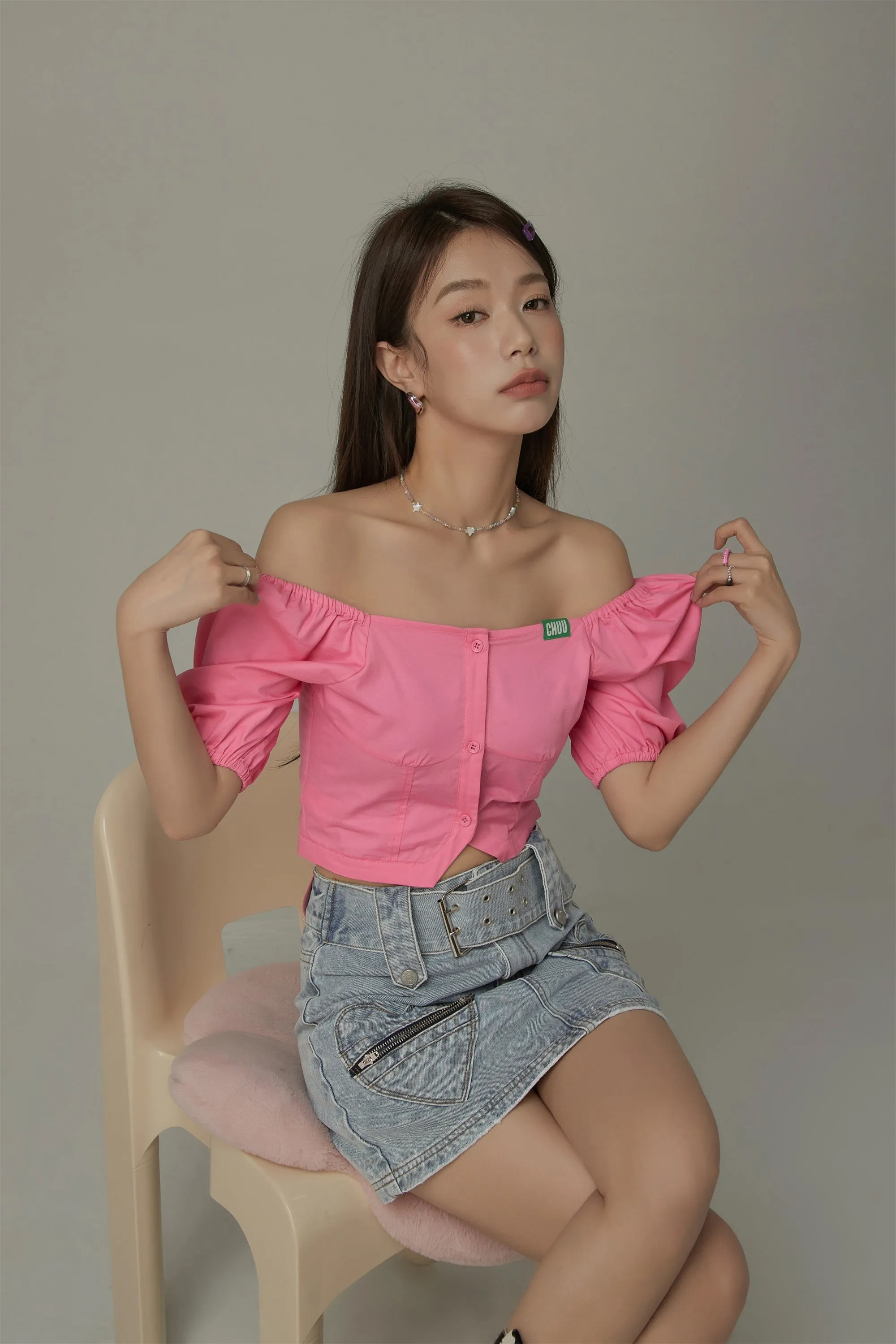 Square Neck Puff Sleeve Button Blouse