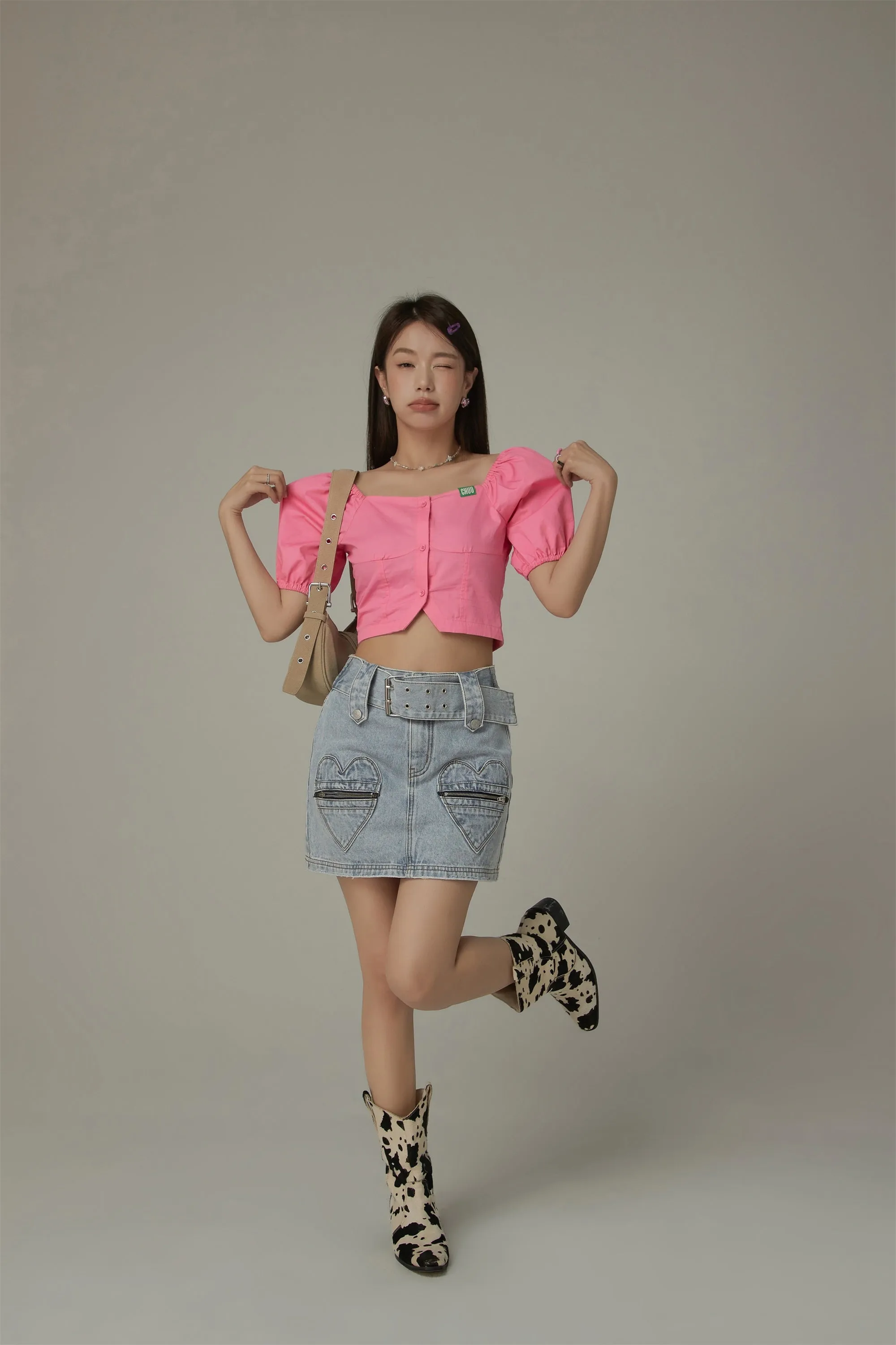 Square Neck Puff Sleeve Button Blouse