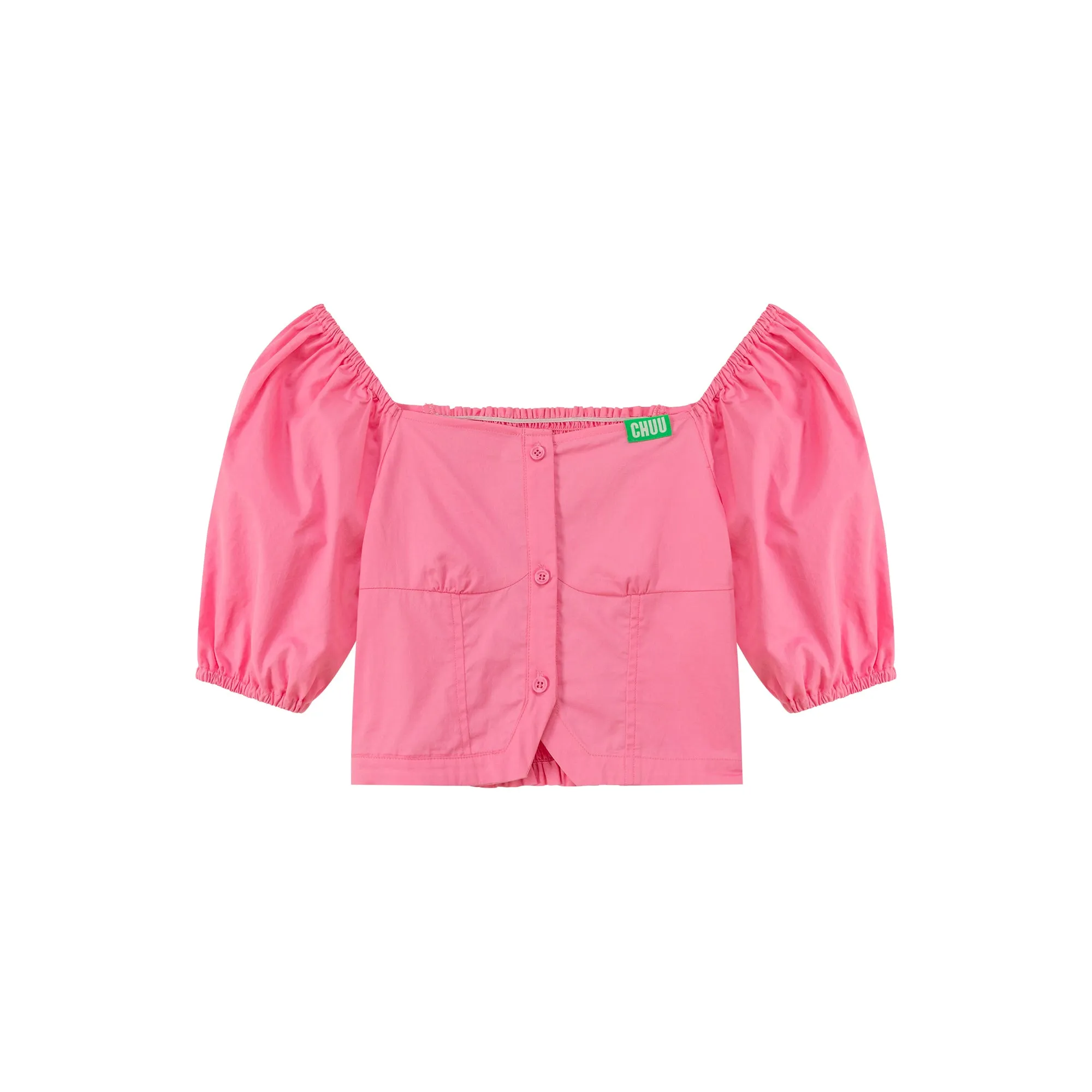 Square Neck Puff Sleeve Button Blouse