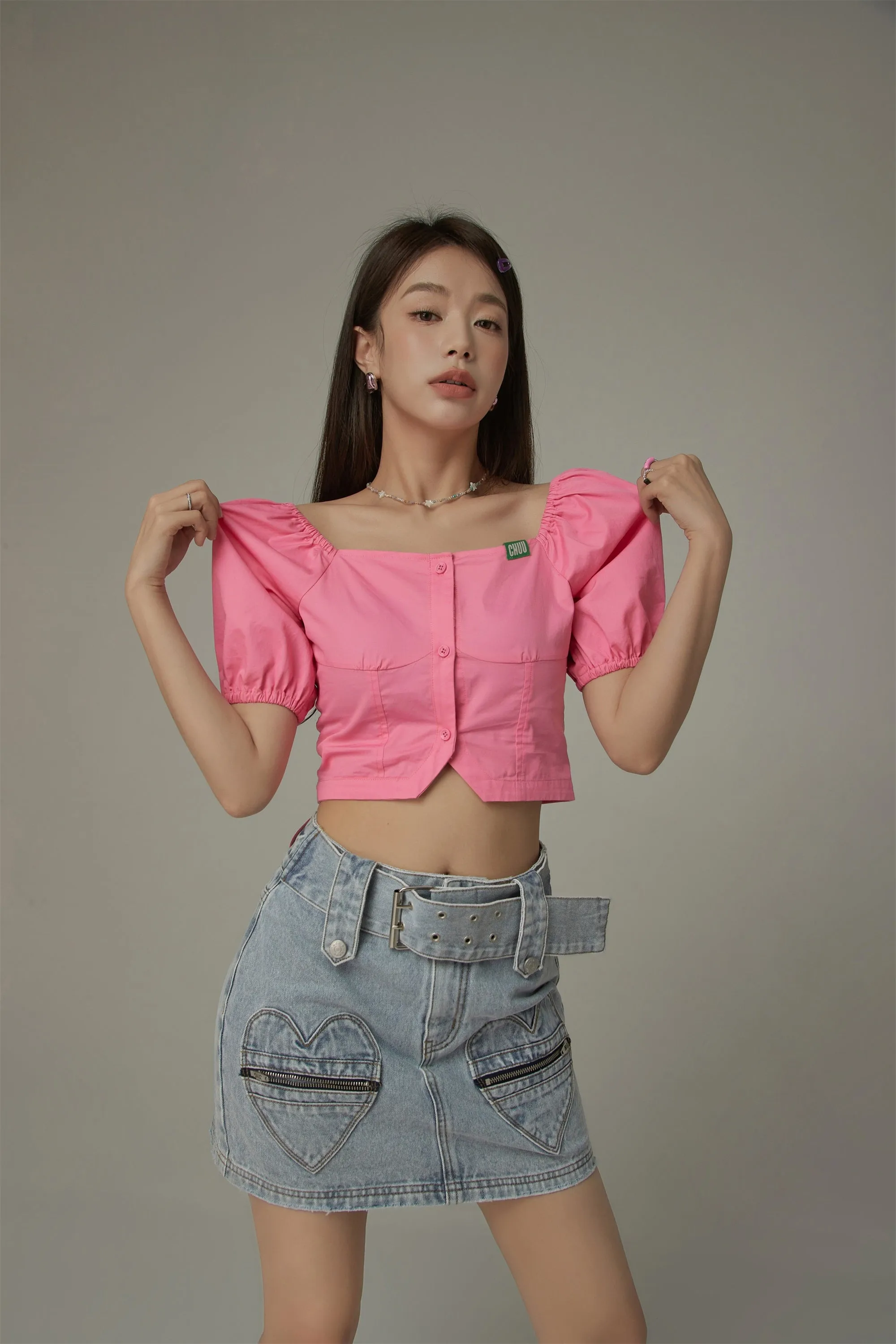 Square Neck Puff Sleeve Button Blouse