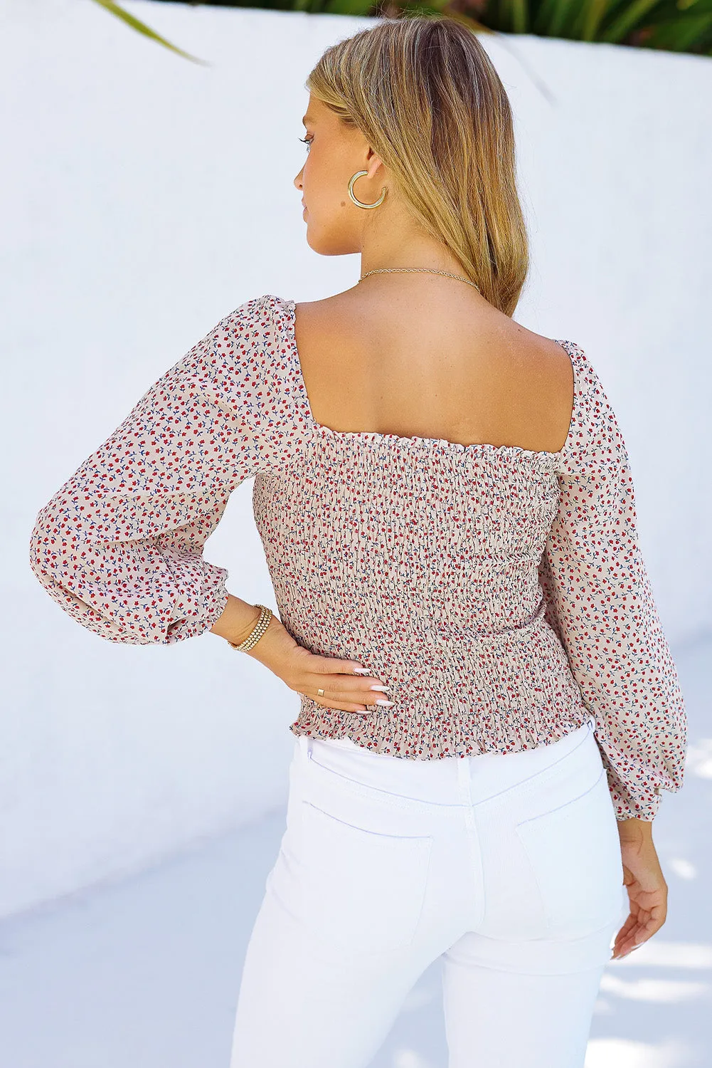 Square Neck Puff Sleeve Smocked Top