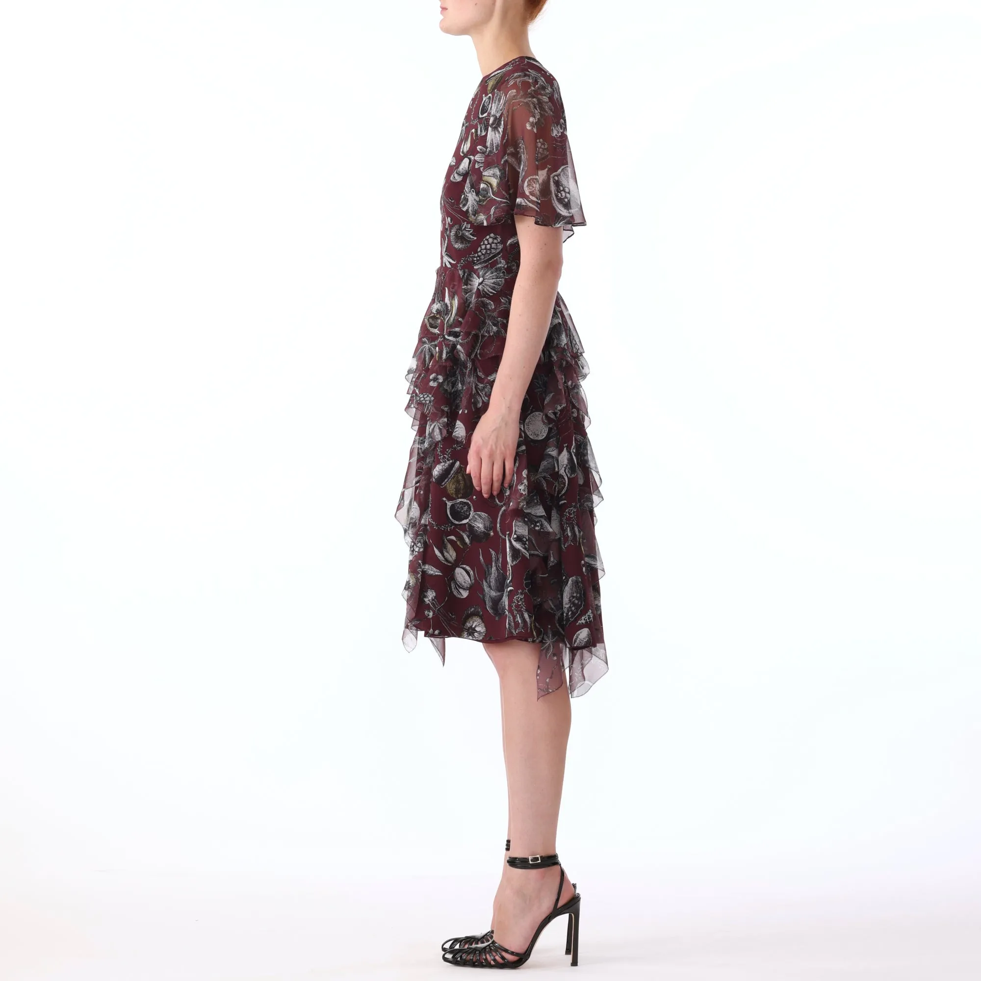 S/S MARINE PRINT CHIFFON DAY DRESS WITH RUFFLE DETAIL