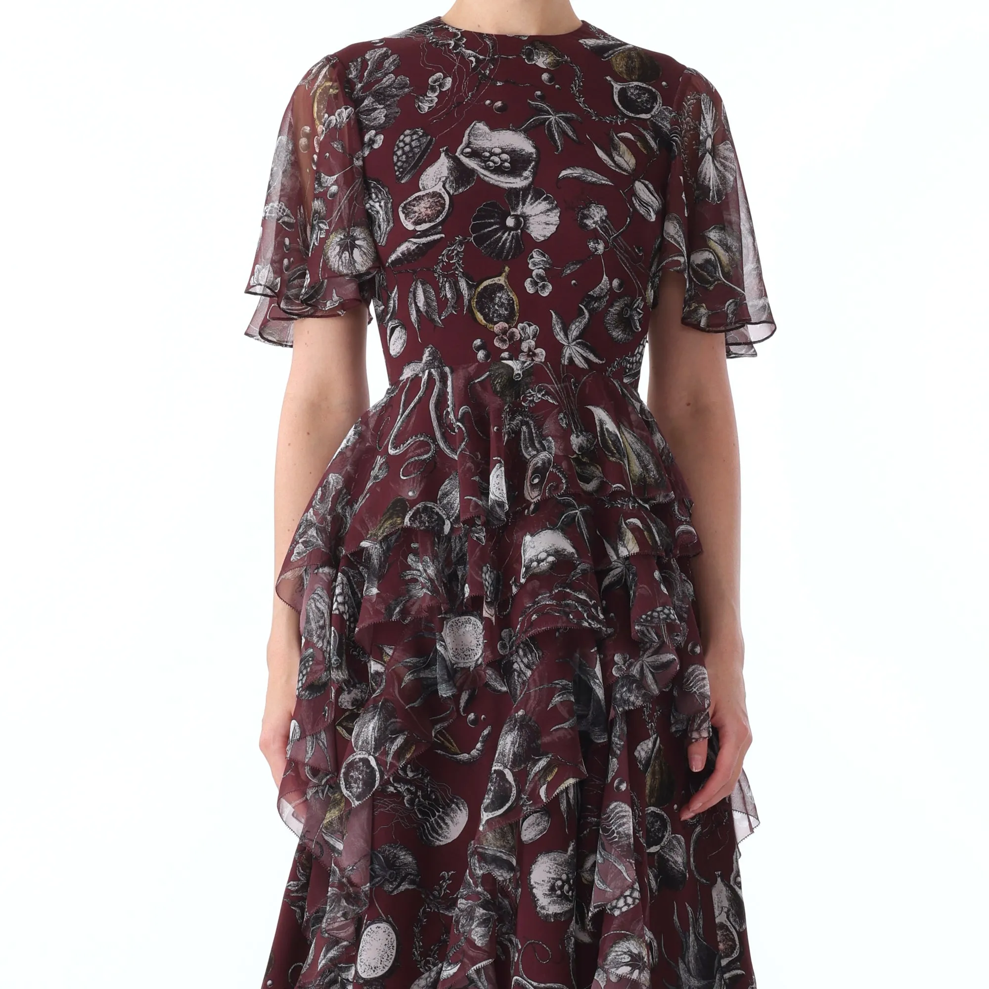 S/S MARINE PRINT CHIFFON DAY DRESS WITH RUFFLE DETAIL