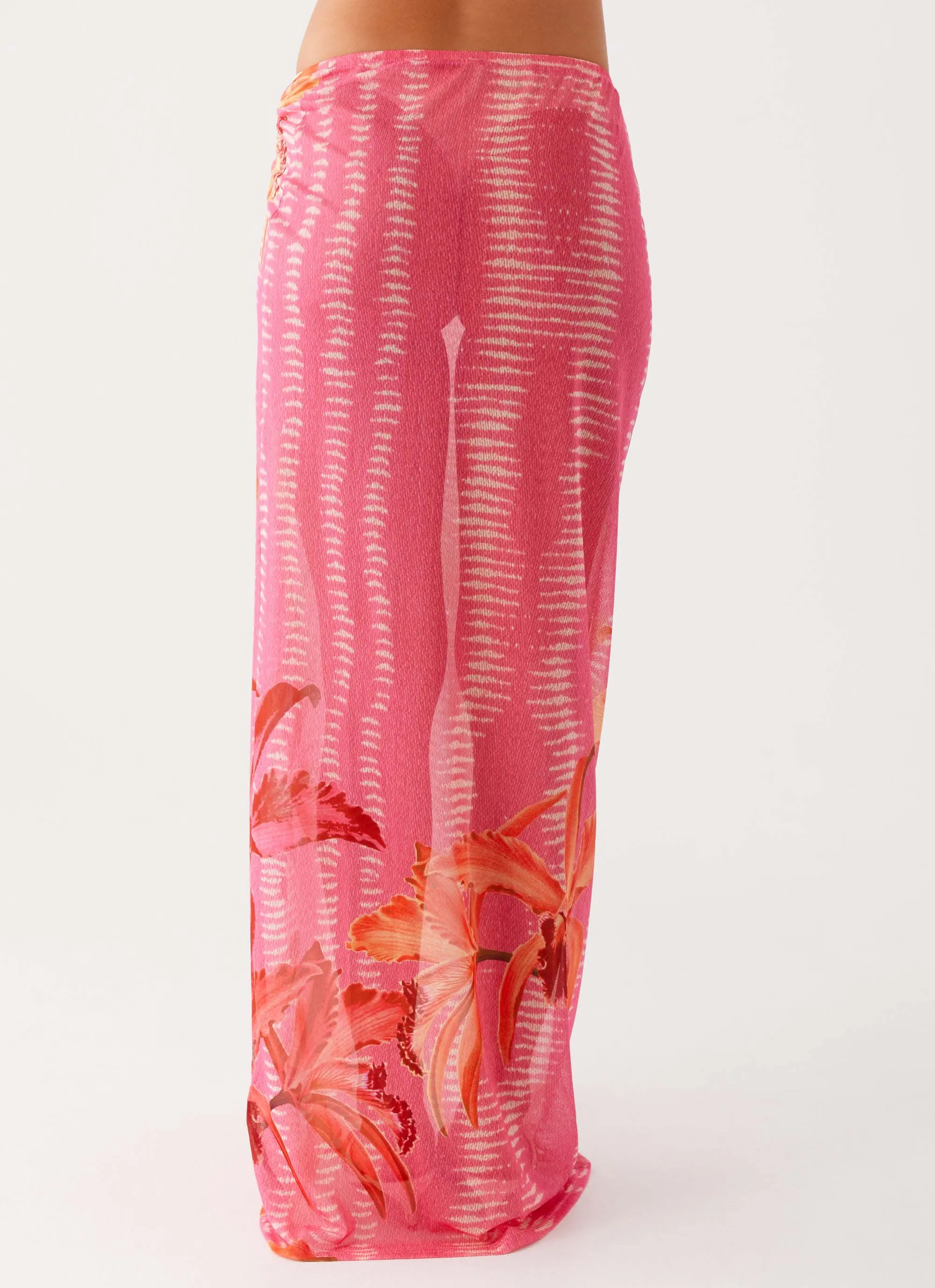 Jovani Maxi Skirt - Tropical Pink Print High Waist Stretch LowProfileStitching