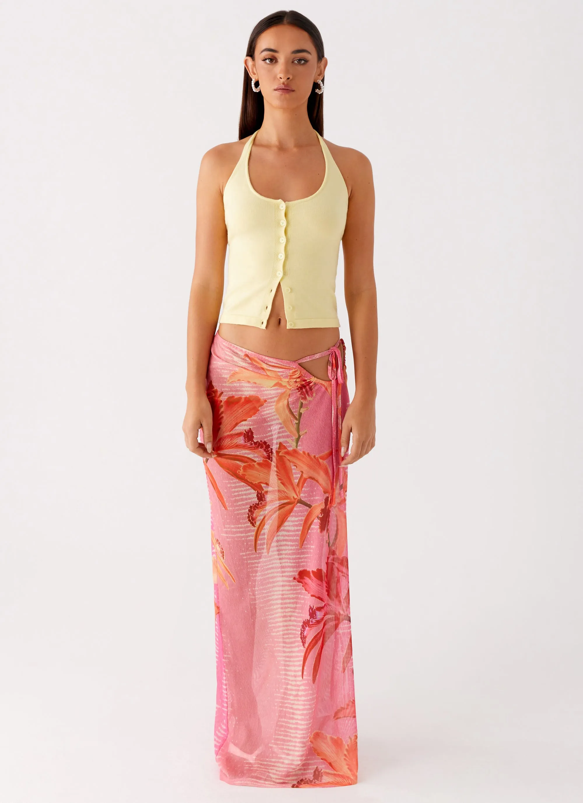 LowProfileWaistband hypoallergenic Jovani Maxi Skirt - Tropical Pink Print