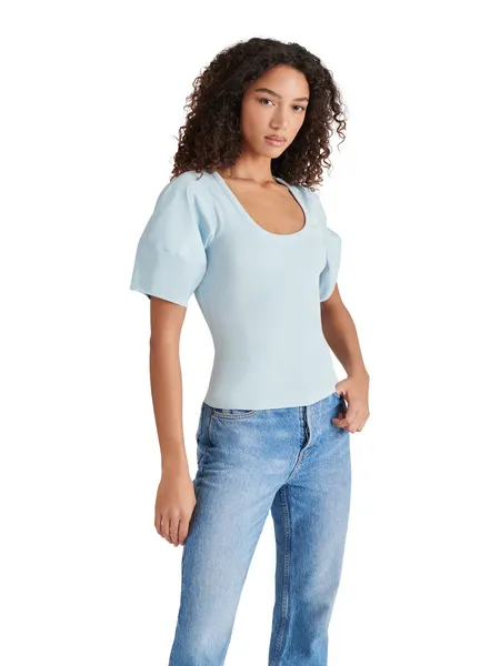 STE Sky Blue Valetta Scoop Neck Short Puff Sleeve Top
