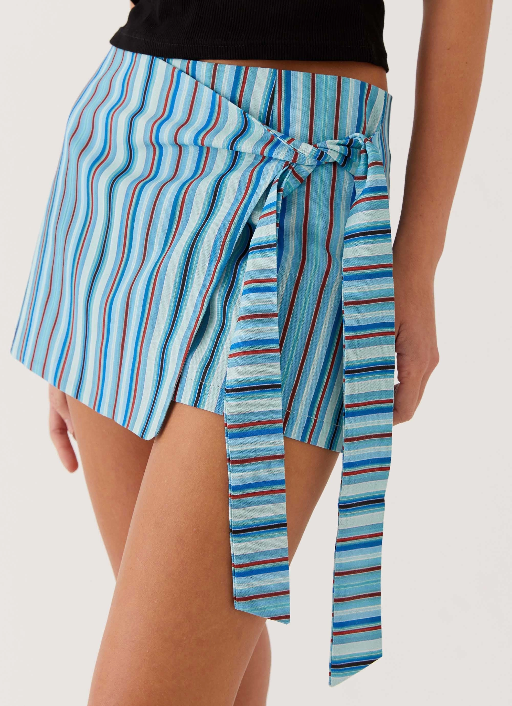 Active Design Wear Steal Away Linen Wrap Skirt - Blue Stripe