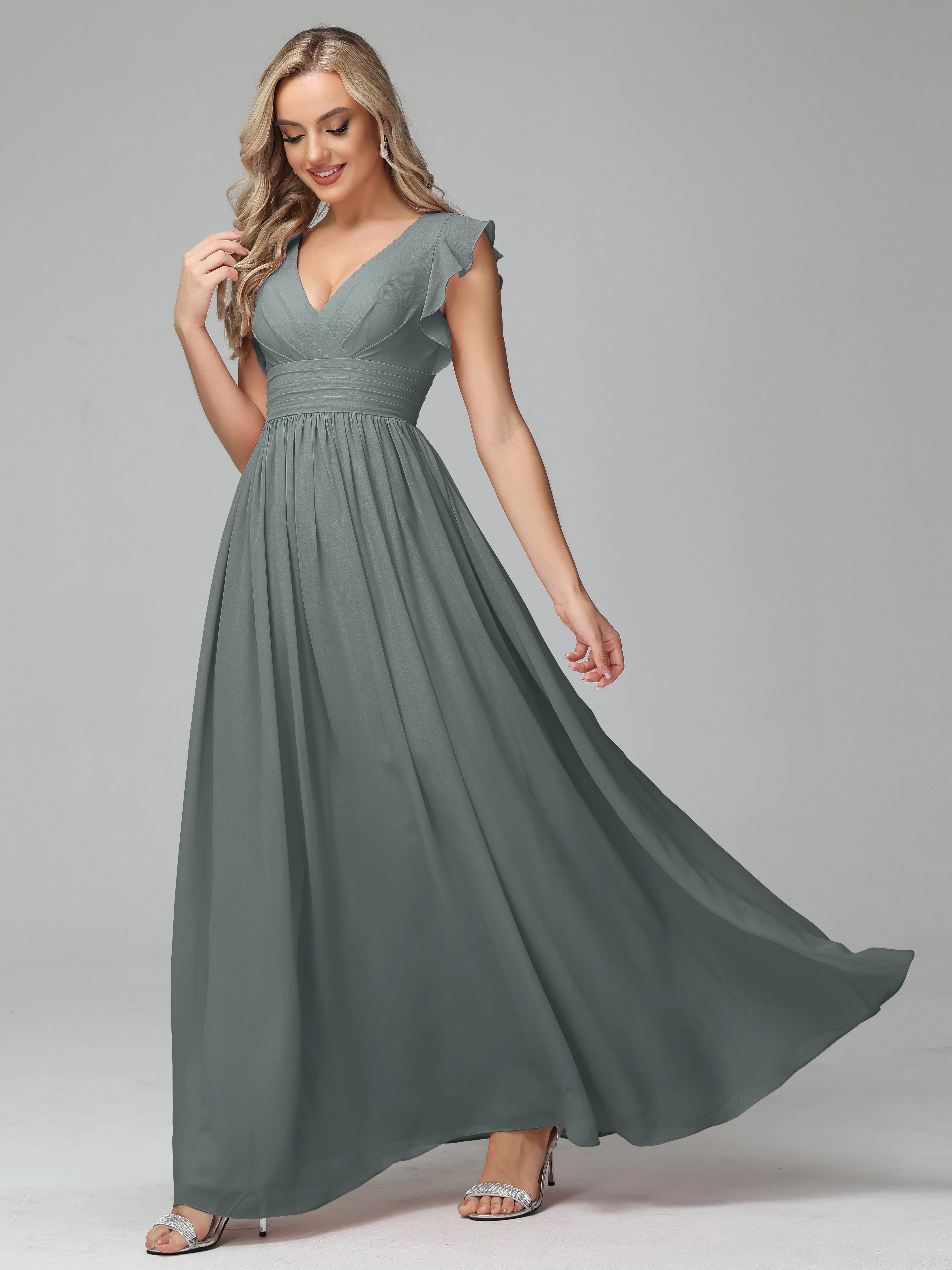 Steel Grey Bridesmaid Dresses Bonnie V-Neck Chiffon Bridesmaid Dresses With Ruffle Sleeves