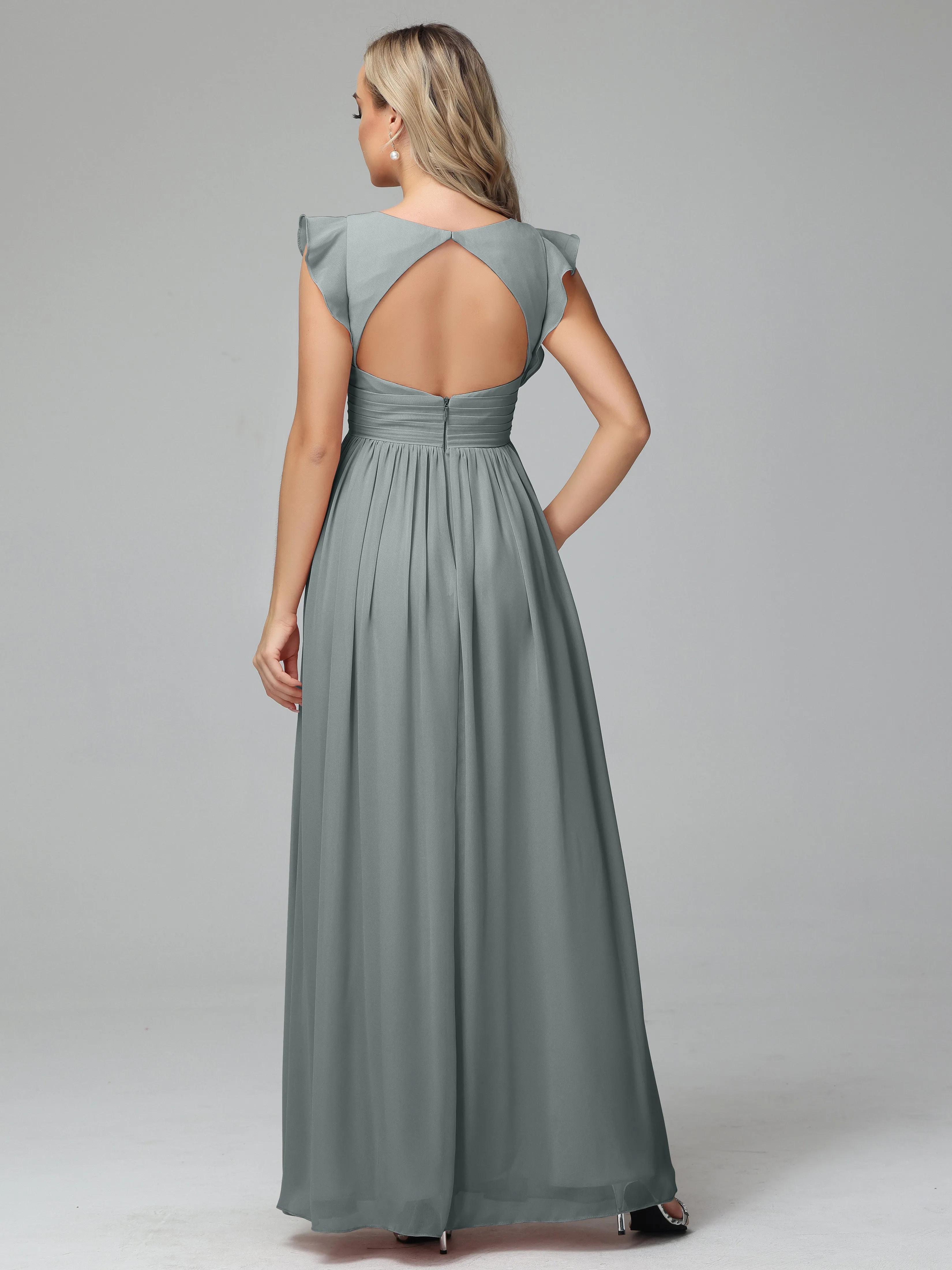 Steel Grey Bridesmaid Dresses Bonnie V-Neck Chiffon Bridesmaid Dresses With Ruffle Sleeves