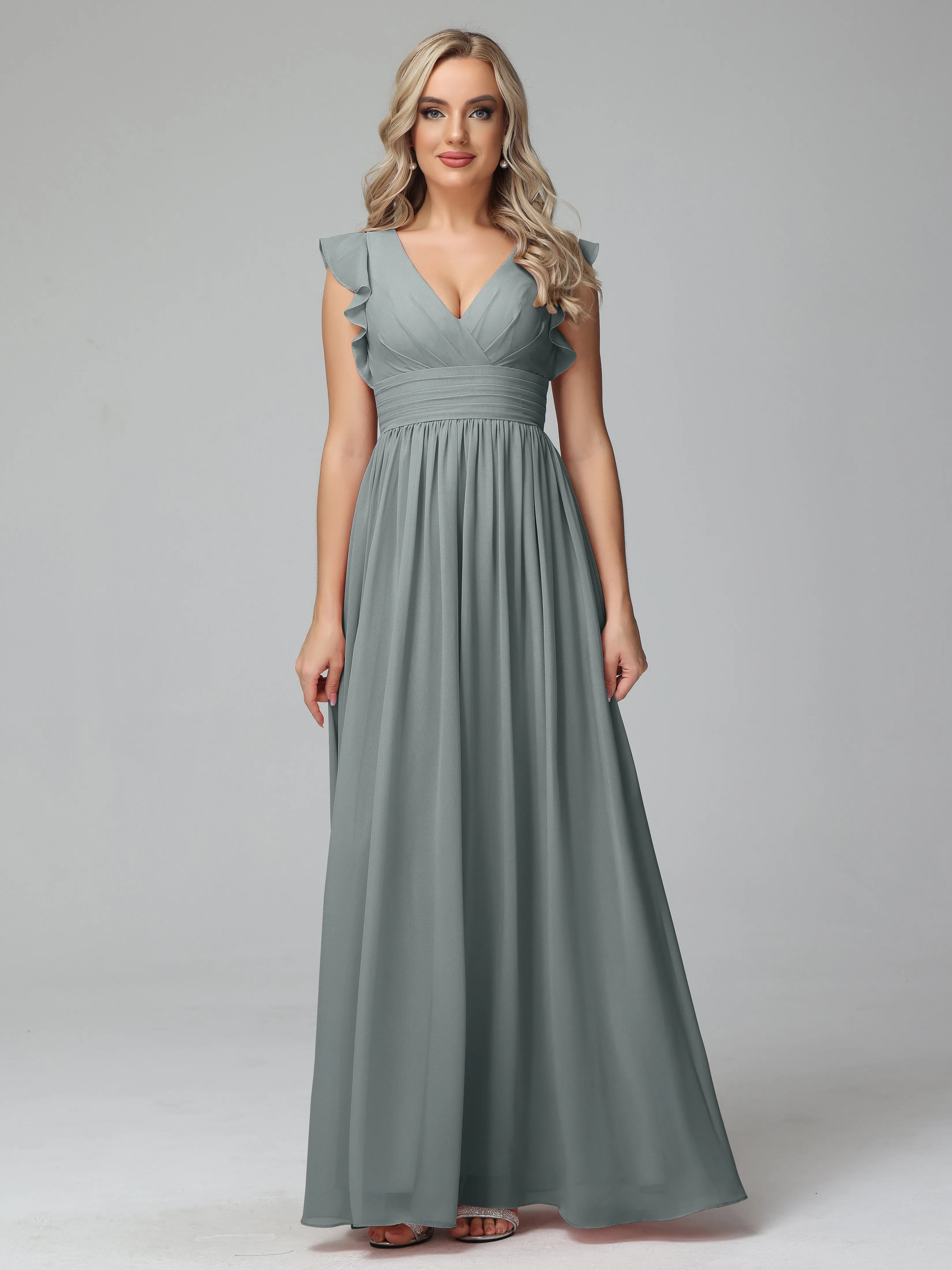 Steel Grey Bridesmaid Dresses Bonnie V-Neck Chiffon Bridesmaid Dresses With Ruffle Sleeves