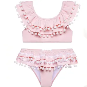 Stella Cove Girls Pink Double Ruffle Pom Pom Bikini