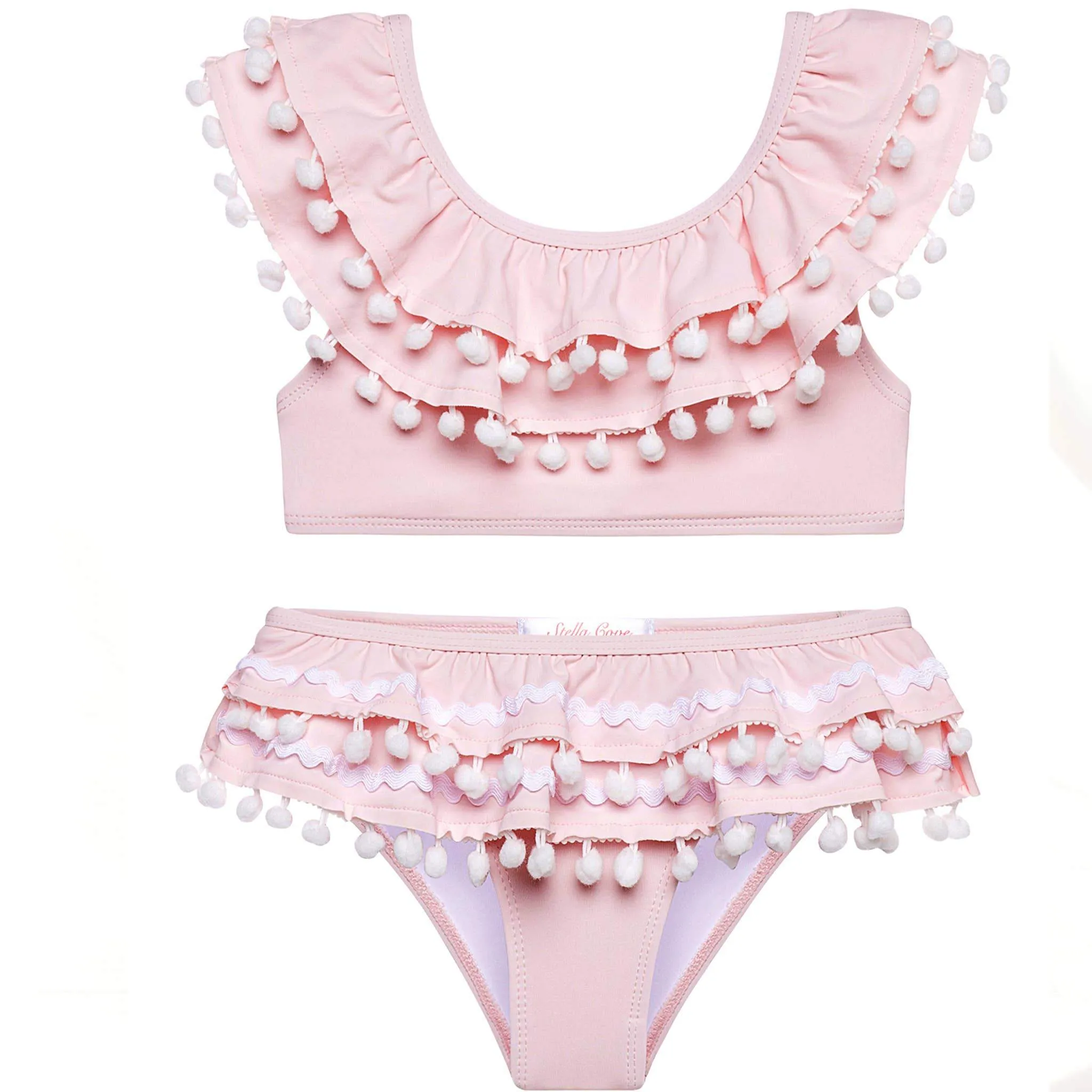 Stella Cove Girls Pink Double Ruffle Pom Pom Bikini