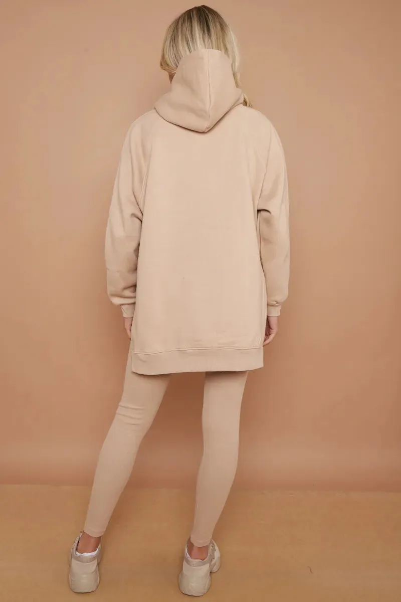 Stone Oversized Side Slit Hoodie & Ribbed Leggings Loungewear Set