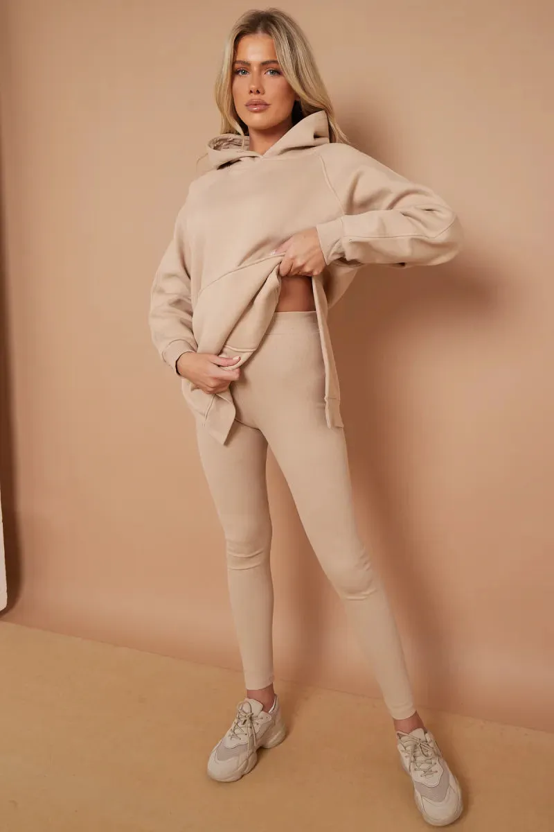 Stone Oversized Side Slit Hoodie & Ribbed Leggings Loungewear Set