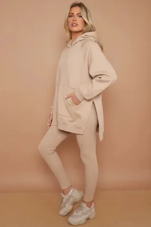 Stone Oversized Side Slit Hoodie & Ribbed Leggings Loungewear Set